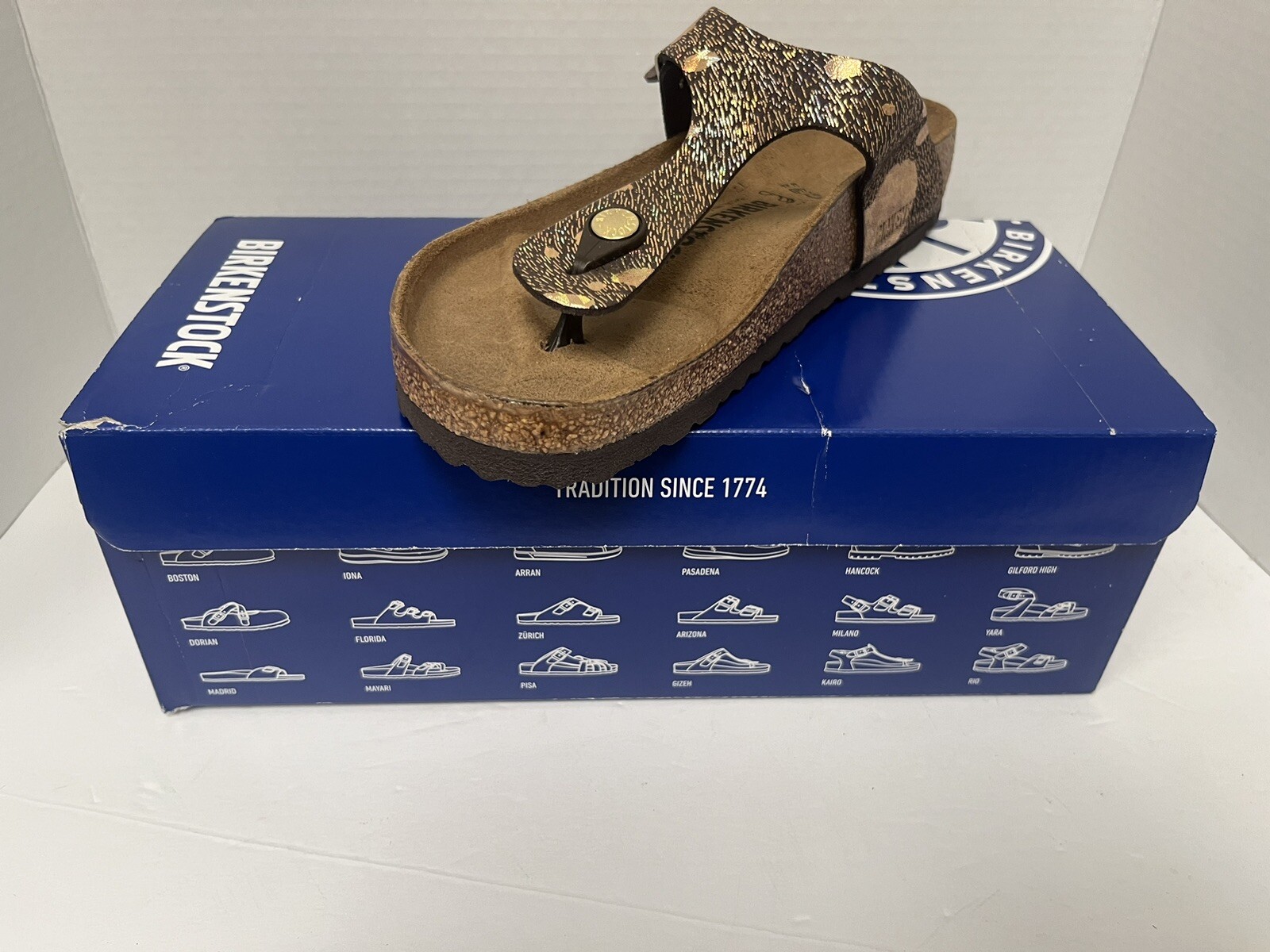 Birkenstock GIZEH Buckled Spotted Brown Metallic Thong Sandal Unisex – Sz37 W6