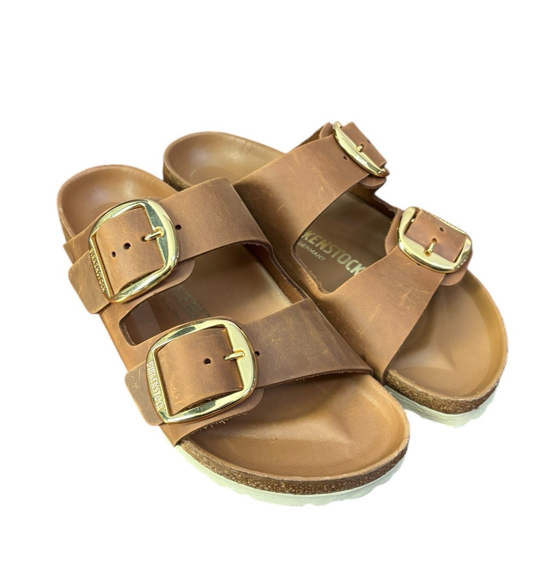 Birkenstock Arizona Big Buckle Oiled Leather Size 38 Cognac Brown Two Strap