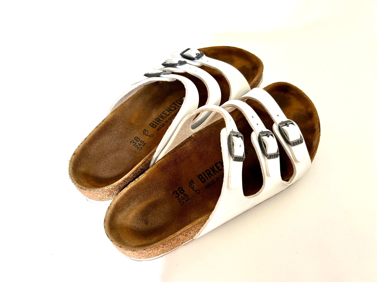 Birkenstock Florida White Three Strap Buckles Patent Leather Sandals 38 7