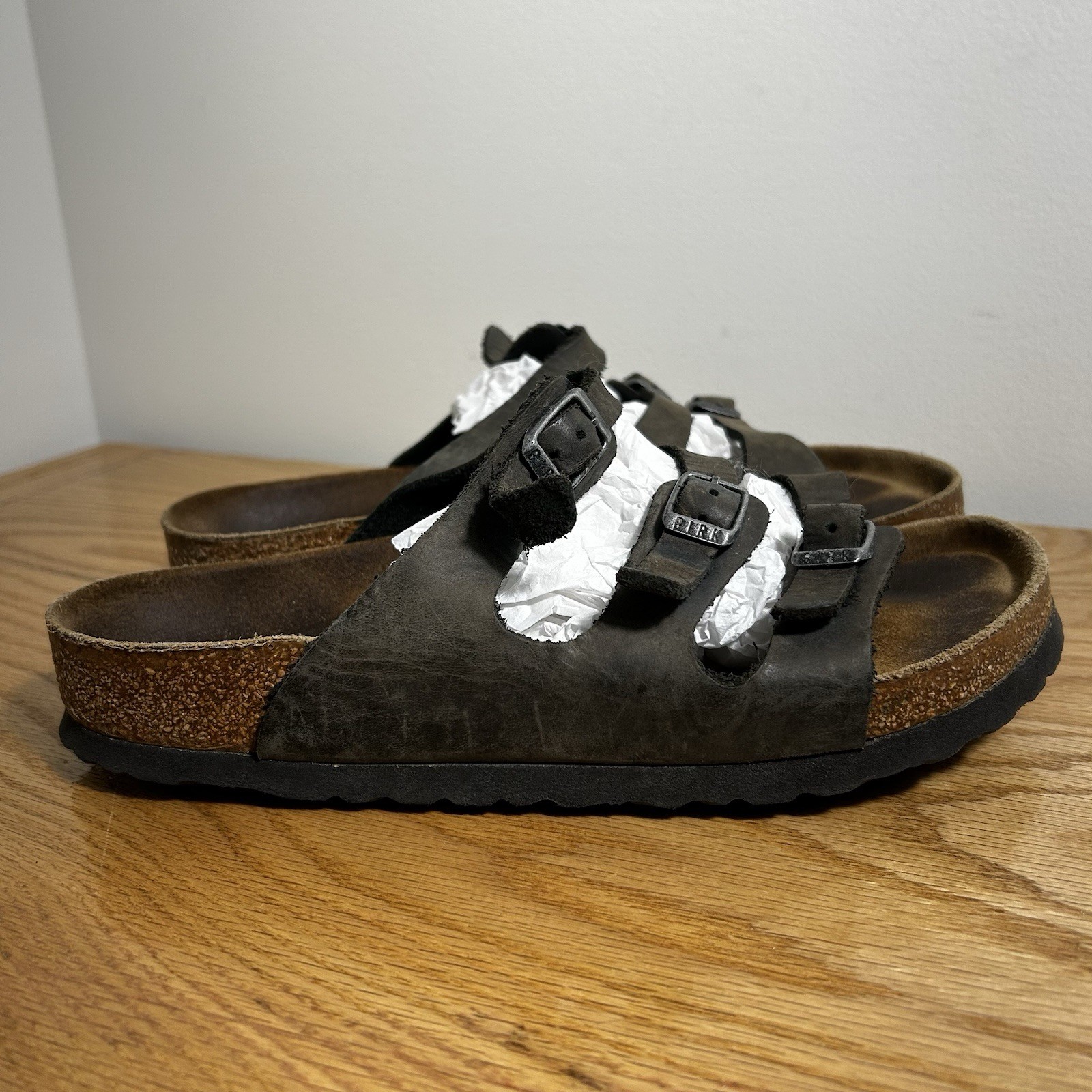 Birkenstock FLORIDA 3 Strap Gray Leather Slip On Soft Footbed Sandals 39 US 8