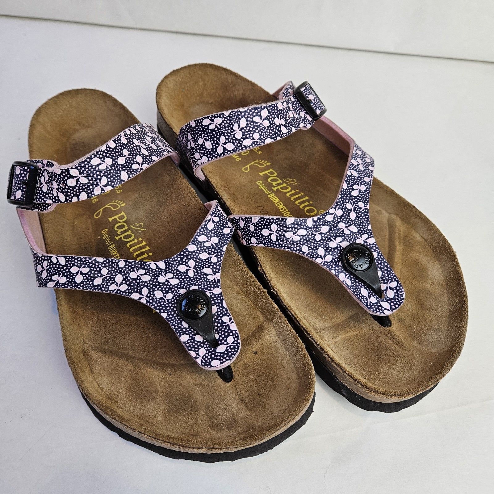 Birkenstock Papillio Sandal Navy Blue Pink Floral Women Size US 8 Strappy Thong