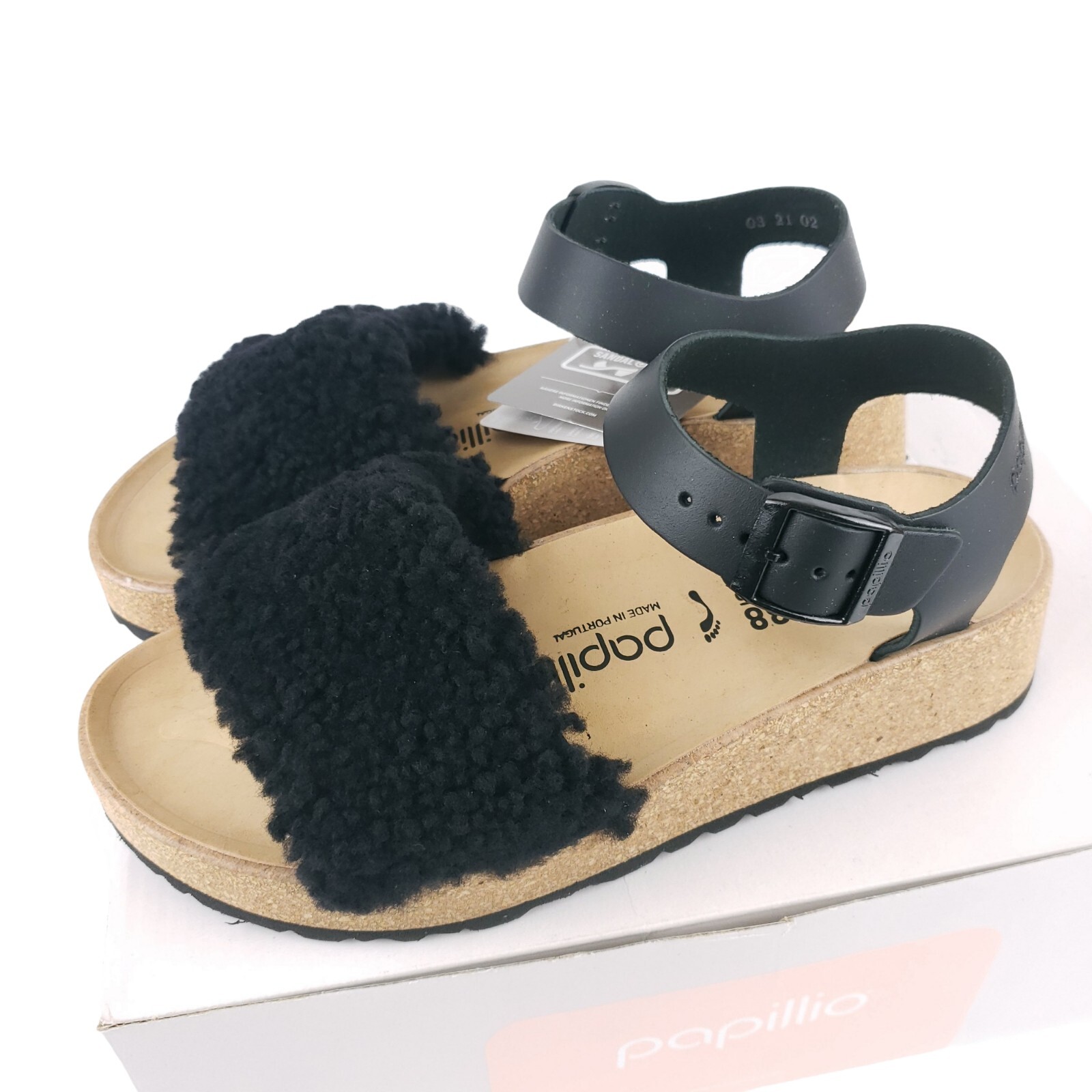 BIRKENSTOCK Papillio GLENDA TEDDY Shearling Leather Sandals BLACK NARROW FIT