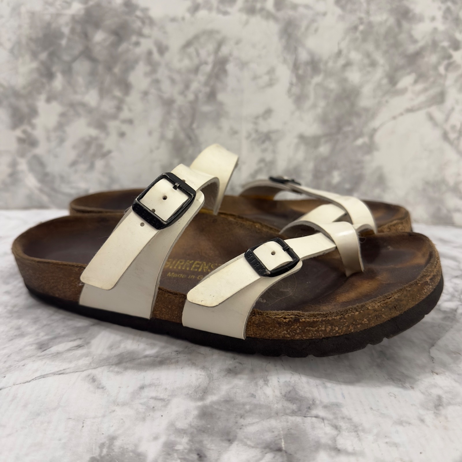 Birkenstock Mayari Sandals Womens Size 6 EU 37 White Toe Loop Cork Made Germany