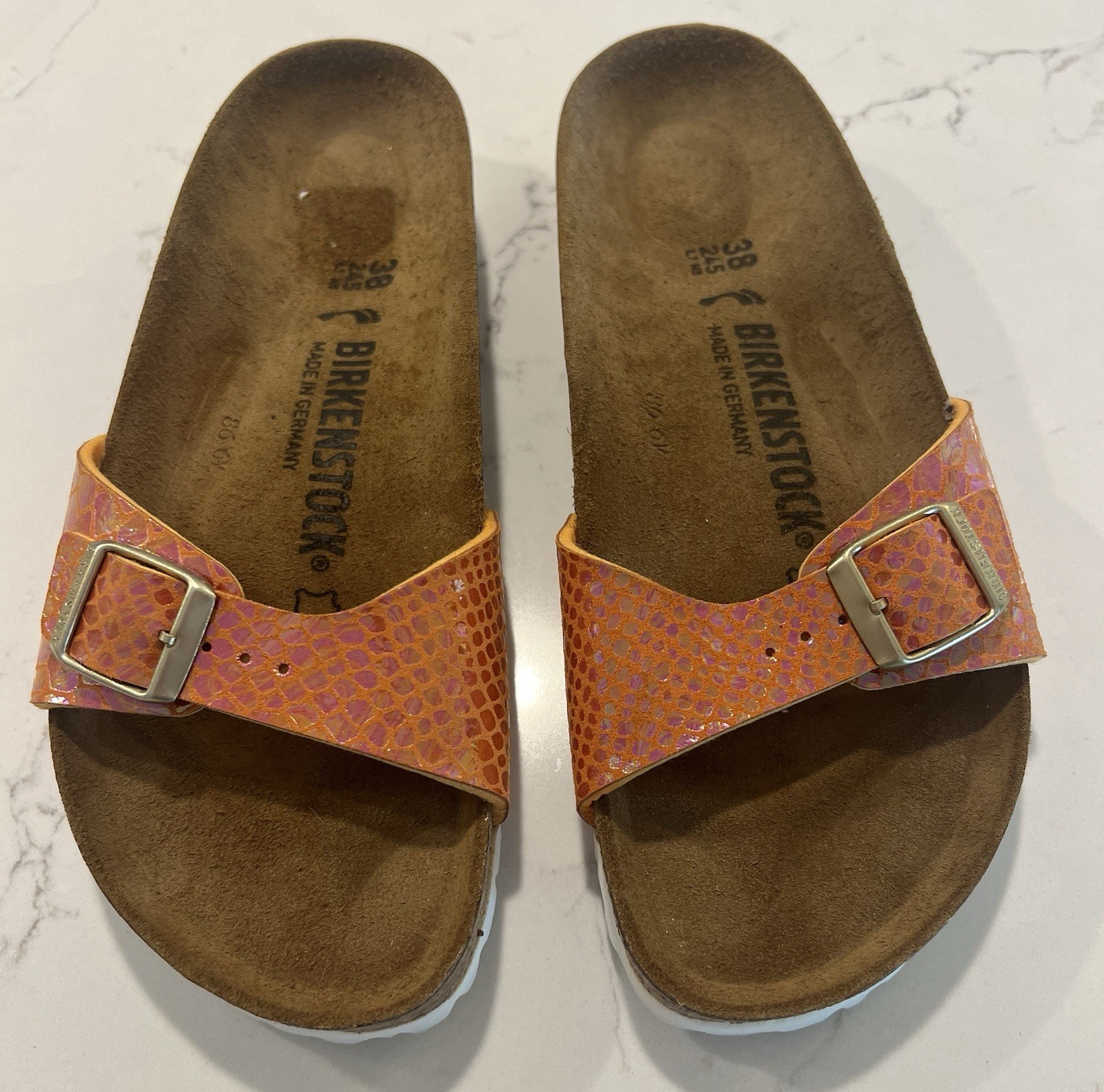 Birkenstock Madrid Shiny Snake Orange Pink Birko-Flor Sandals 38 7.5-8 WORN ONCE