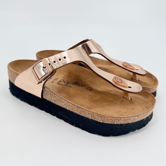 Birkenstock Papillio Gizeh Rose Gold Chrome Platform Sandals 38 FLAW
