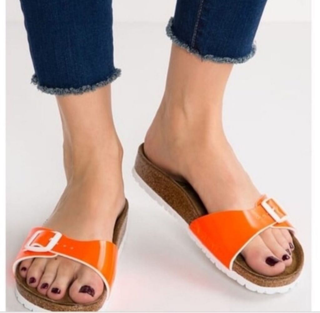 BIRKENSTOCK Madrid Patent Neon Orange White Birko-Flor Slide Sandals Size 37 6