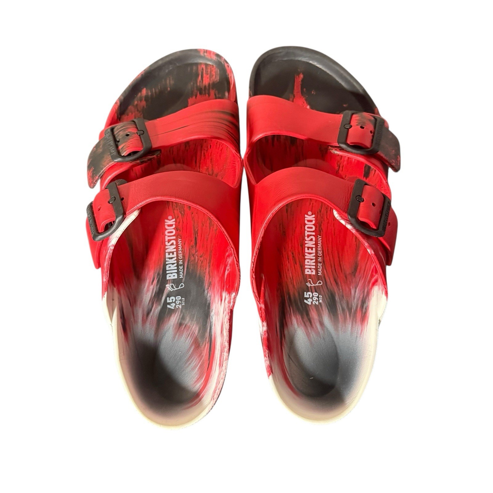 Birkenstock Arizona Sandals Men’s 12 EU 45 Red Black Custom Painted Cork Footbed