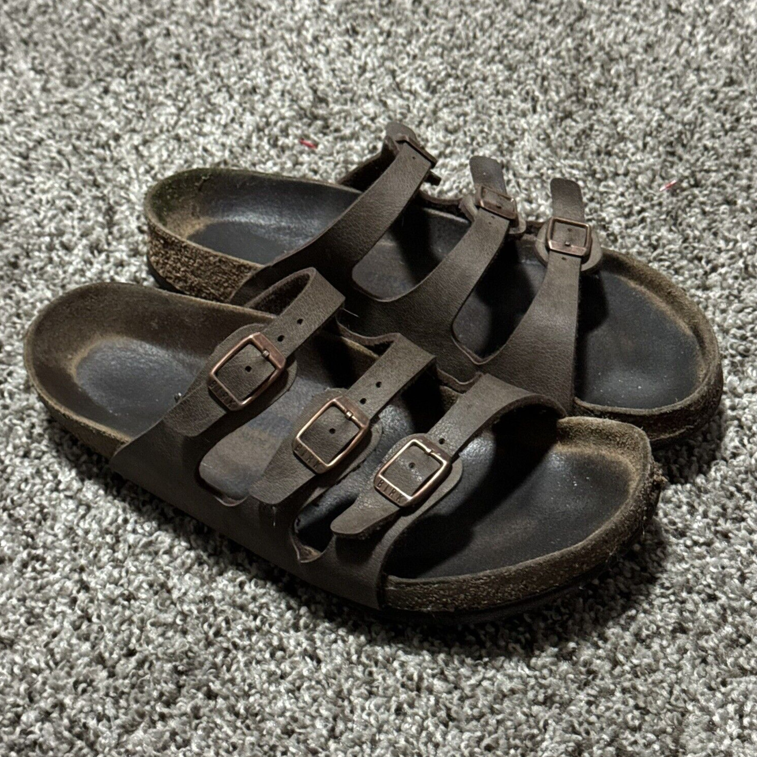 Birkenstock Florida Womens Size 38 Three Strap Soft Footbed Leather Sandal Brown