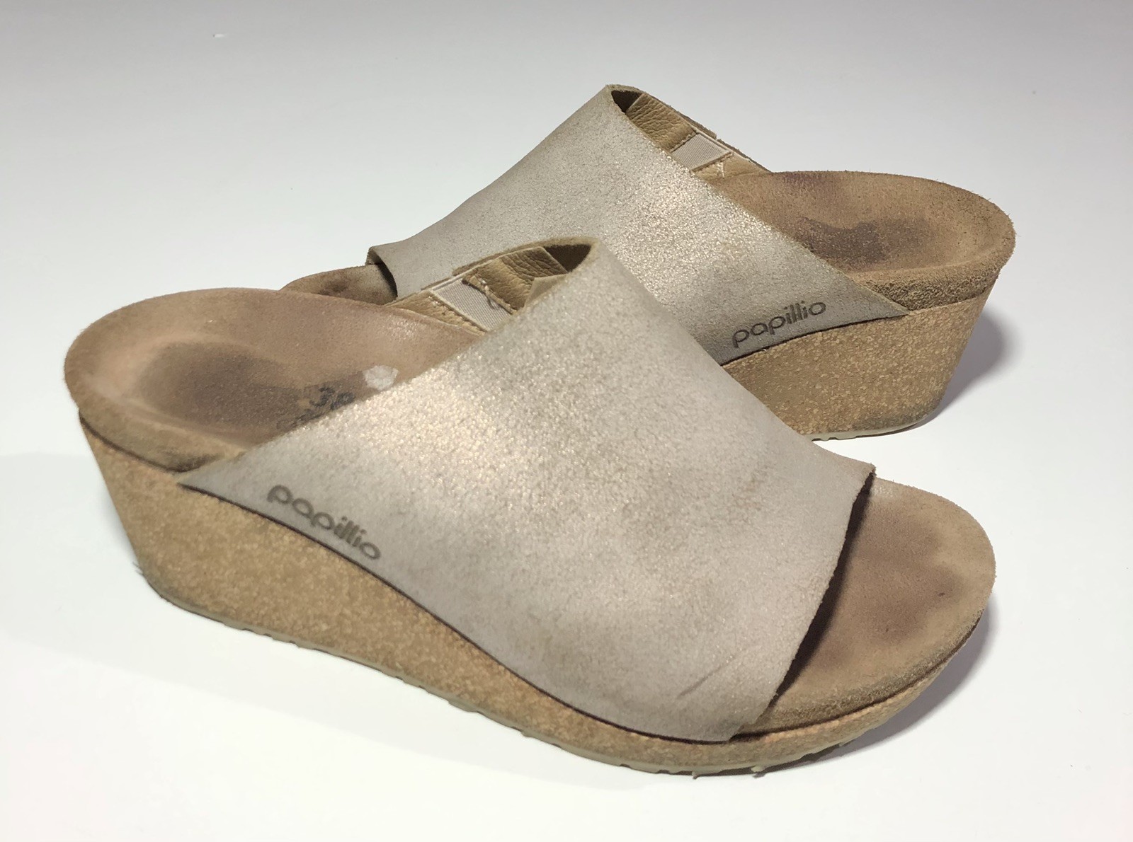 Birkenstock Papillio Namica Leather Metallic Wedge Heel Sandals SZ 38 7-7.5 Tan
