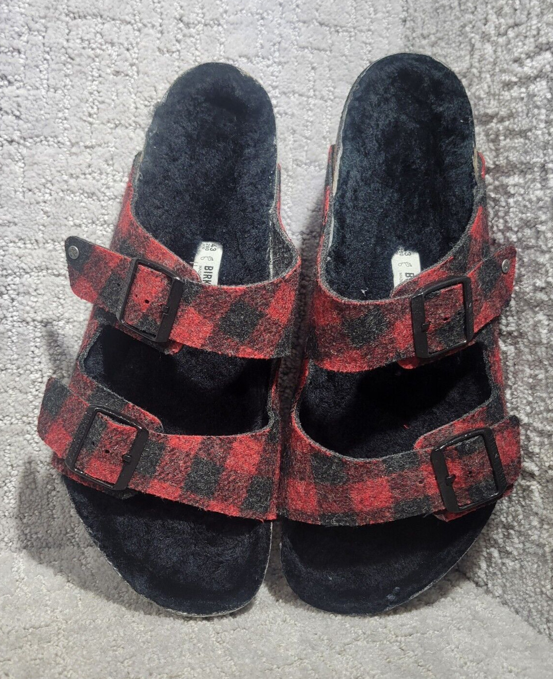 Birkenstock Arizona Shearling Mens Size EU 43 US 10 Rivet Plaid Red Slide Sandal