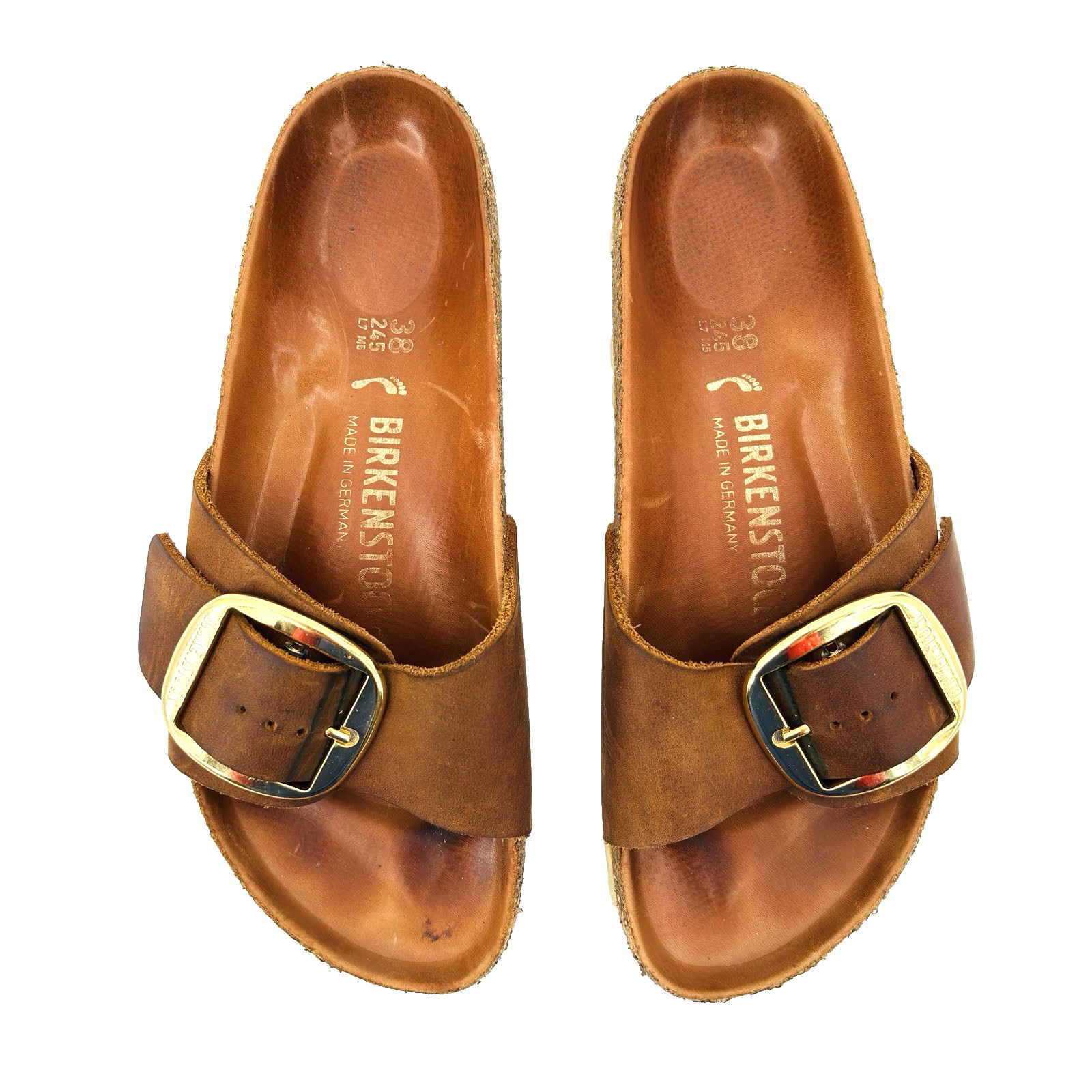 Womens 7 38 N Narrow Birkenstock Madrid Big Brass Buckle Brown Leather Sandals