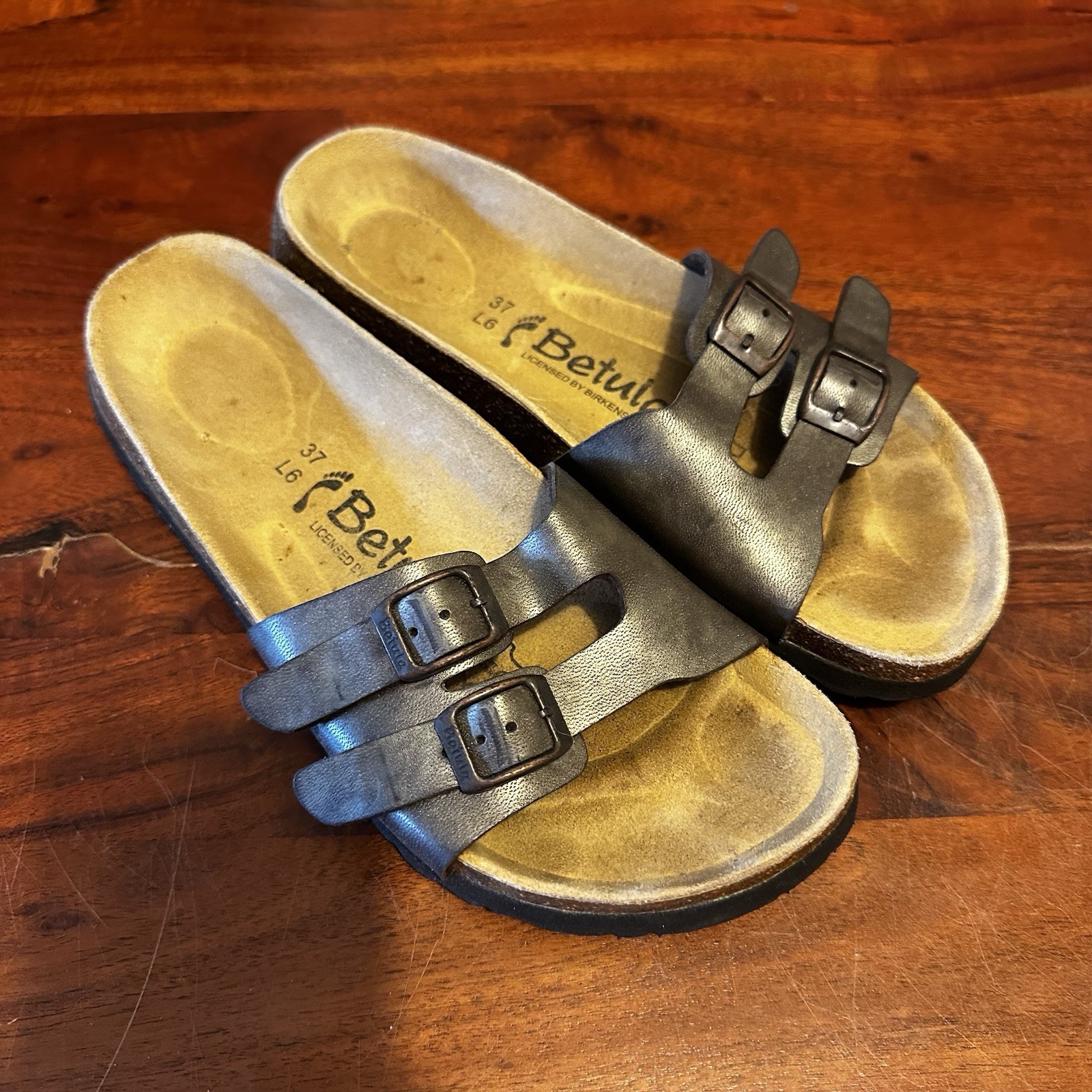 Birkenstock Betula Gold Silver Soft Footbed Sandals 2 Side Strap Women 37 6-6.5