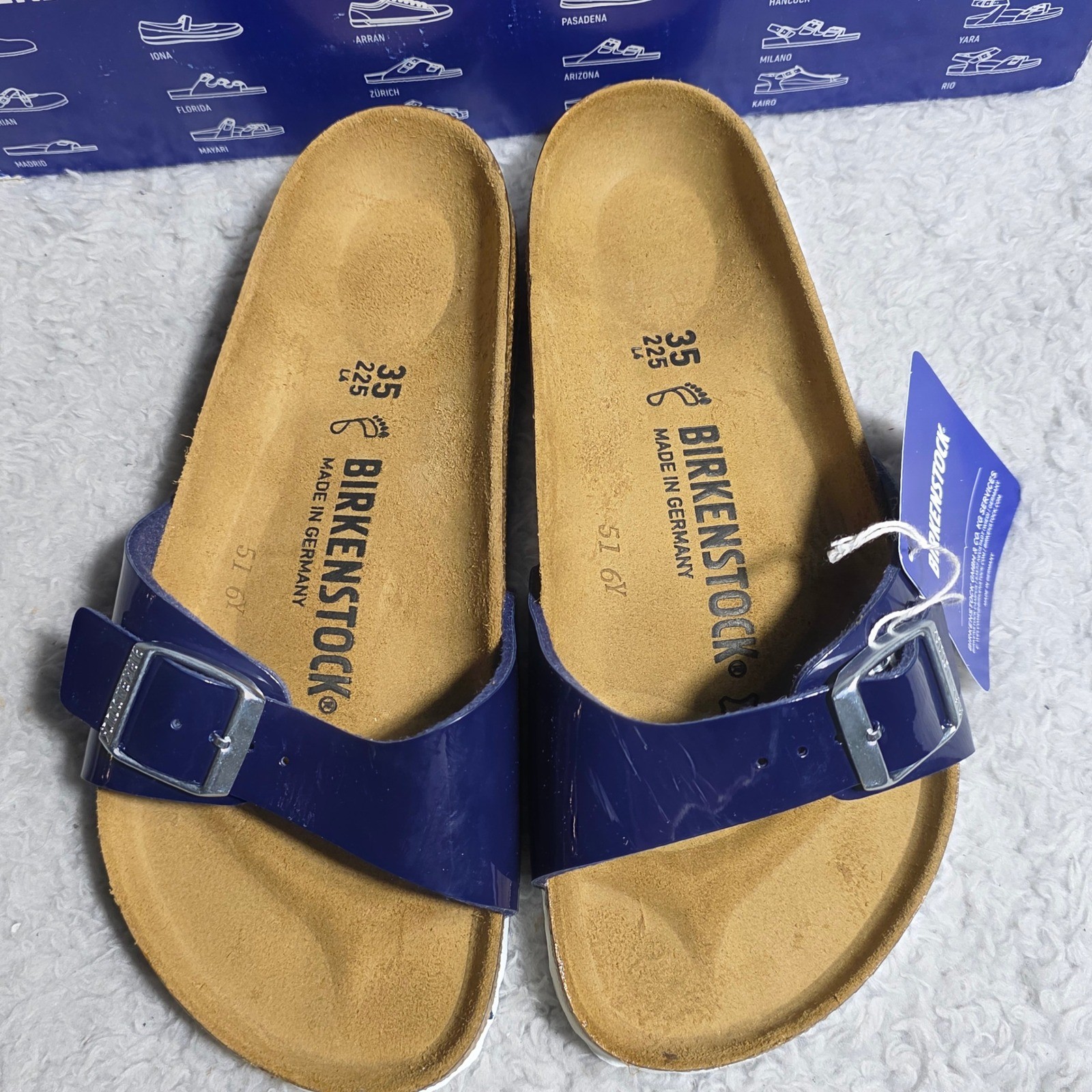Birkenstock Madrid Blue Patent Leather Slides Sandals Women EU 35 US 4 NIB