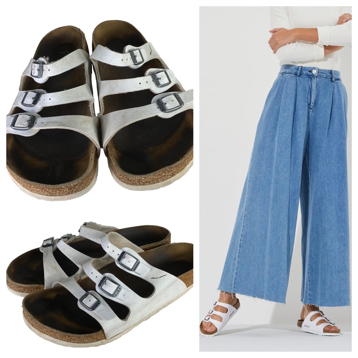 Birkenstock Florida Womens Sz 7 Sandals Slides White Leather Triple Strap bb