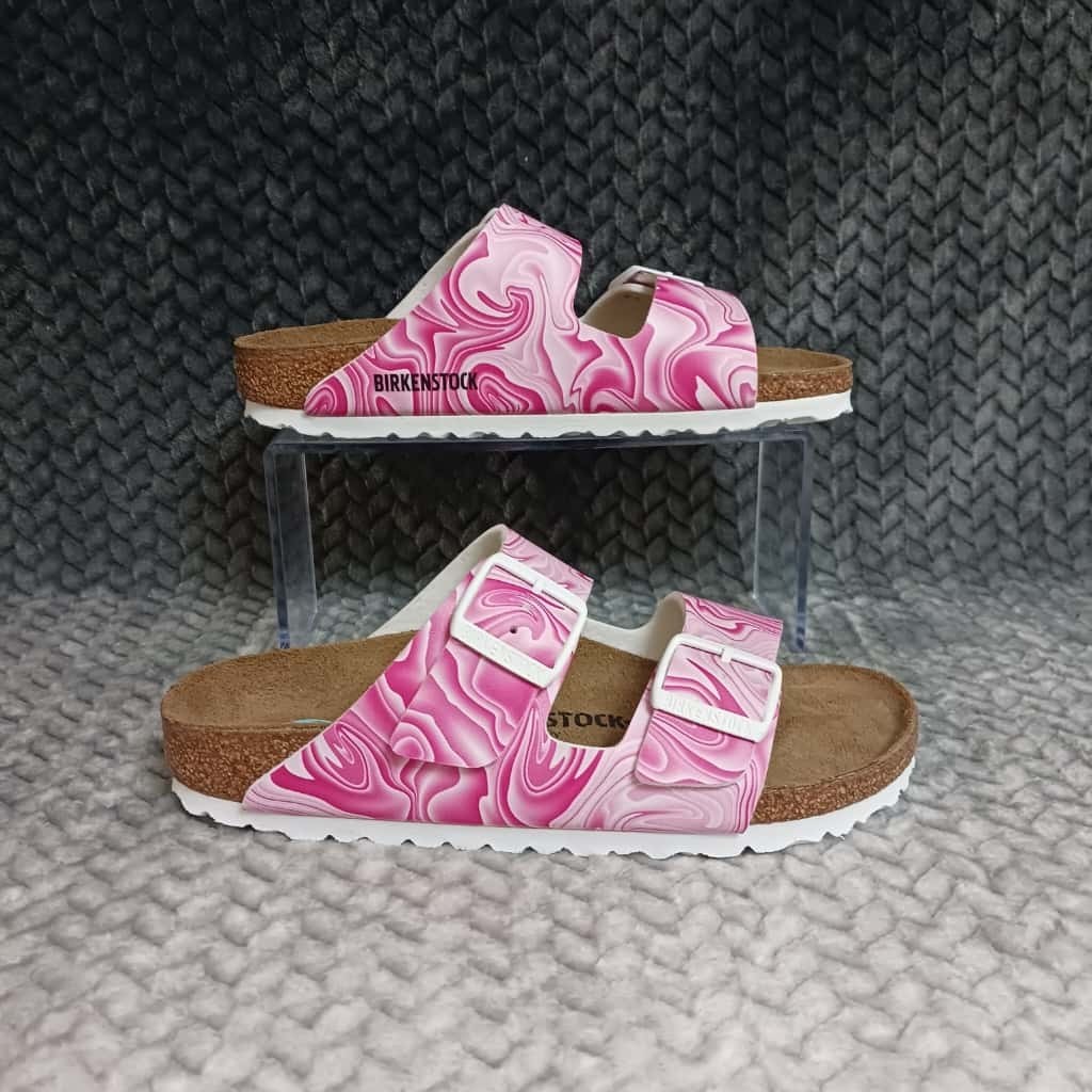 Birkenstock Arizona Birko-Flor Sandals Womens 6 Marble Twirl Fuchsia Tulip Pink