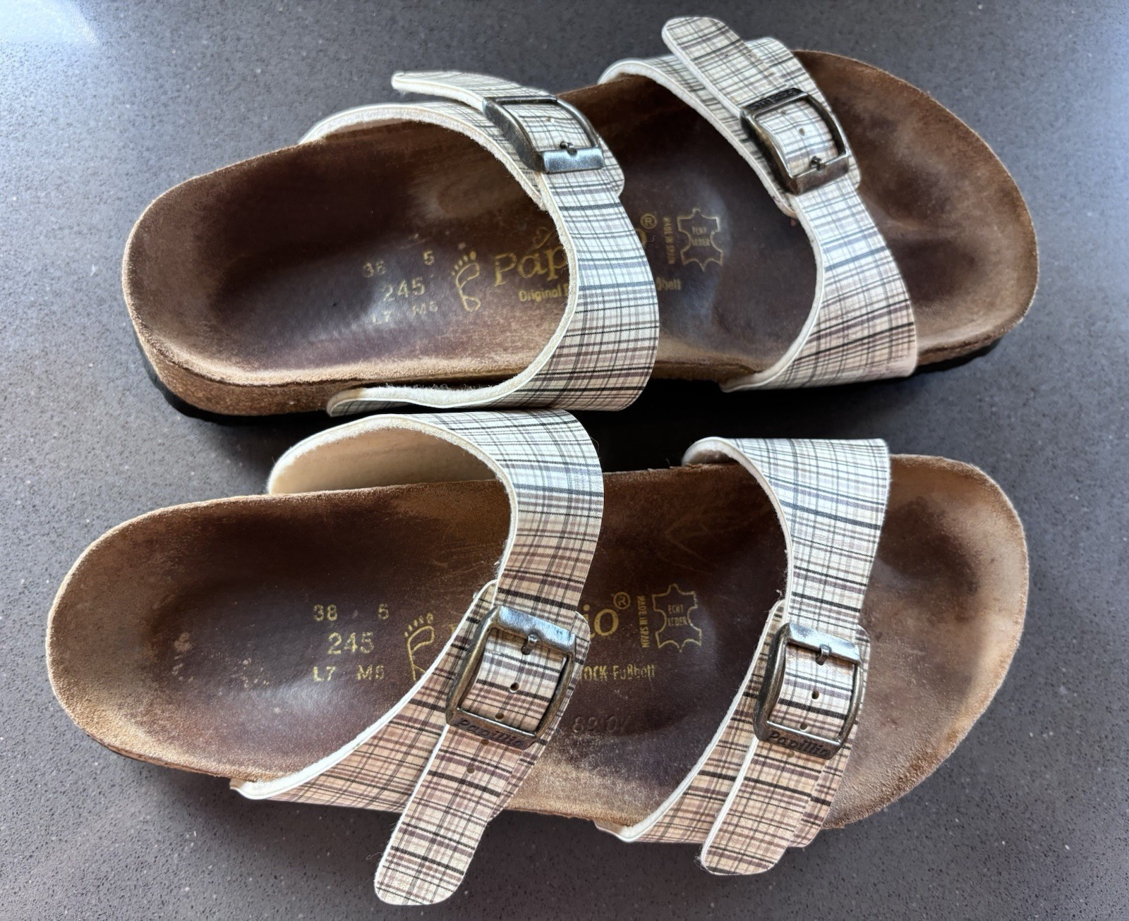 Birkenstock Papillio Plaid Sandals Women 7.5 / EU 38 White Brown Buckle Slip On