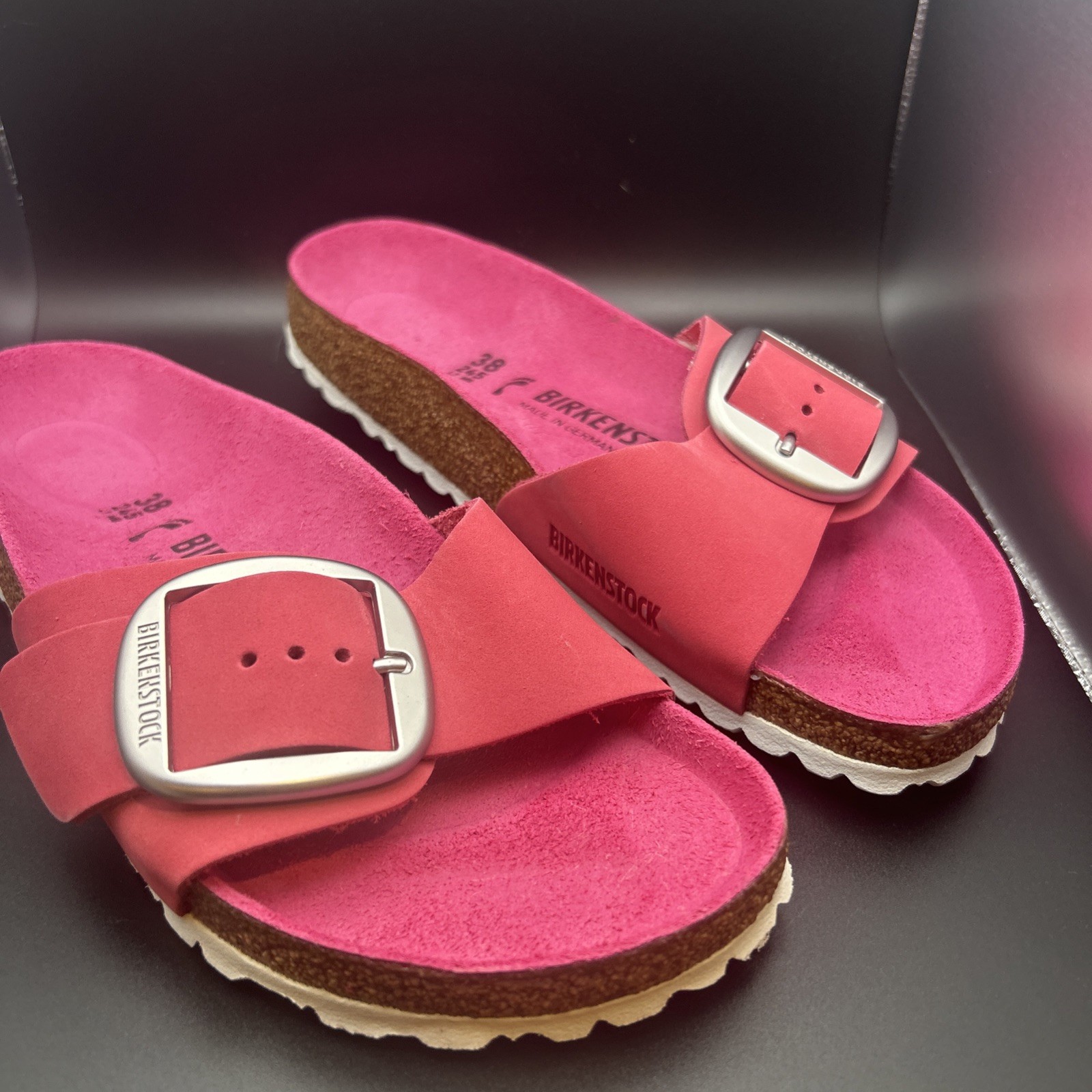 Birkenstock Madrid Big Buckle, Fuchsia Tulip Leather Suede, Sz 7 Narrow Fit NWT