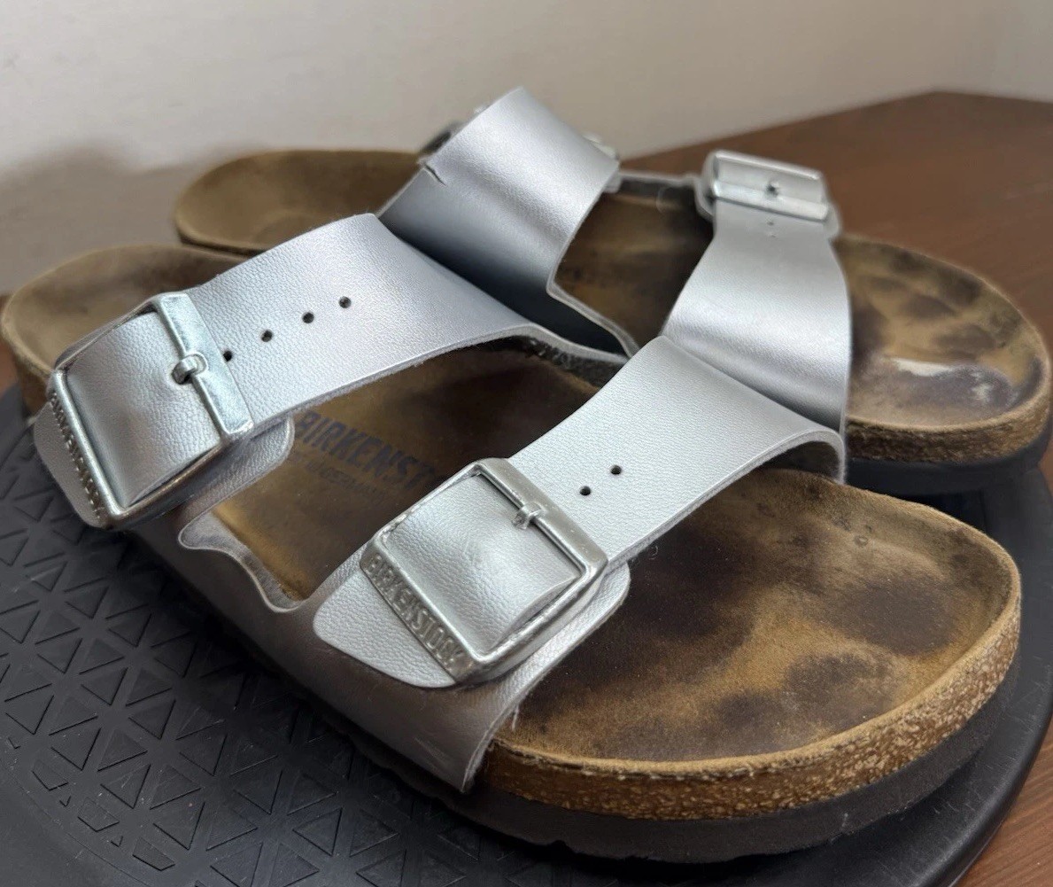 Birkenstock Arizona 1005960 Women Metallic Silver Soft Footbed Slip-on Sandal 8