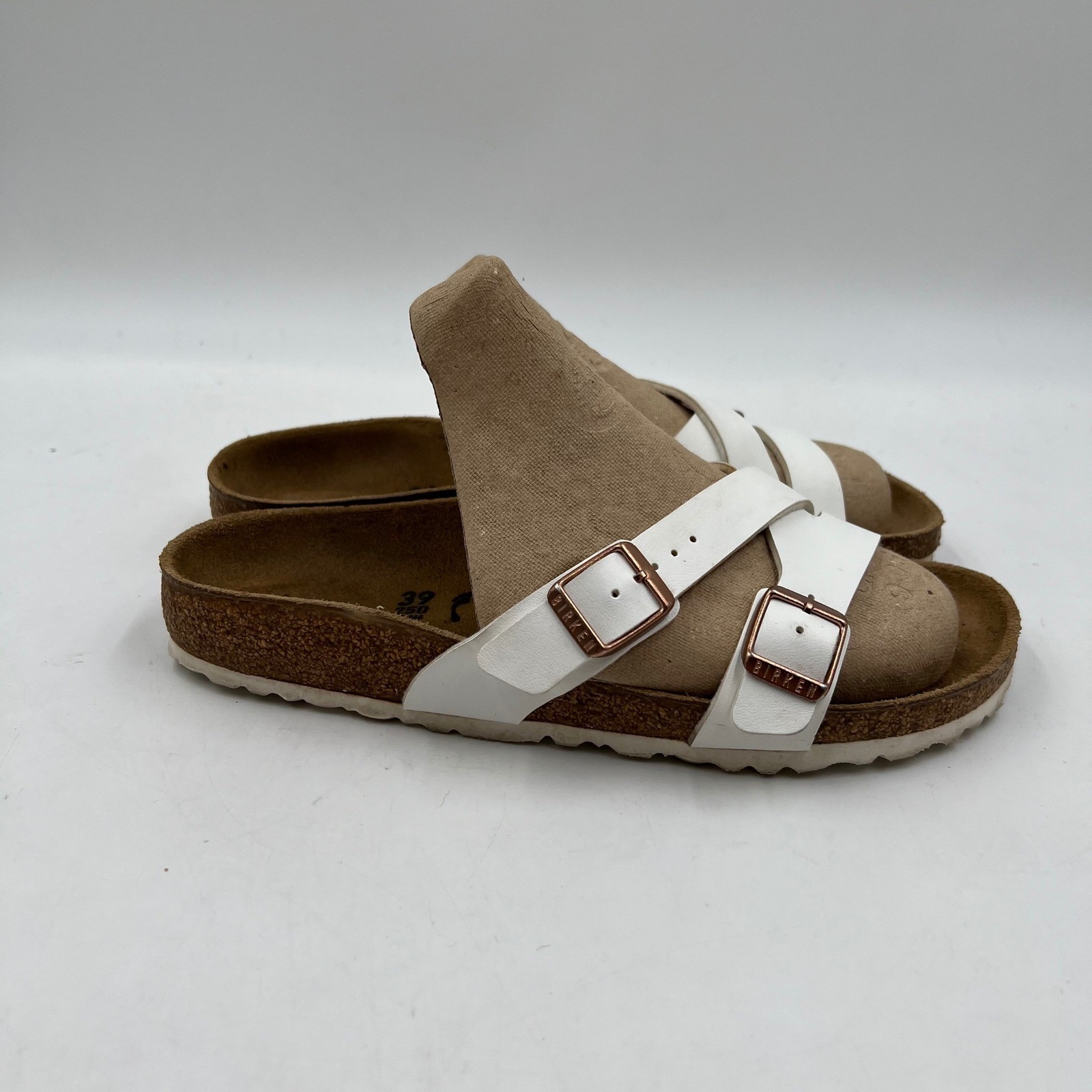 Birkenstock Mayari White Sandals Copper Buckle Size 39 Comfortable Slides