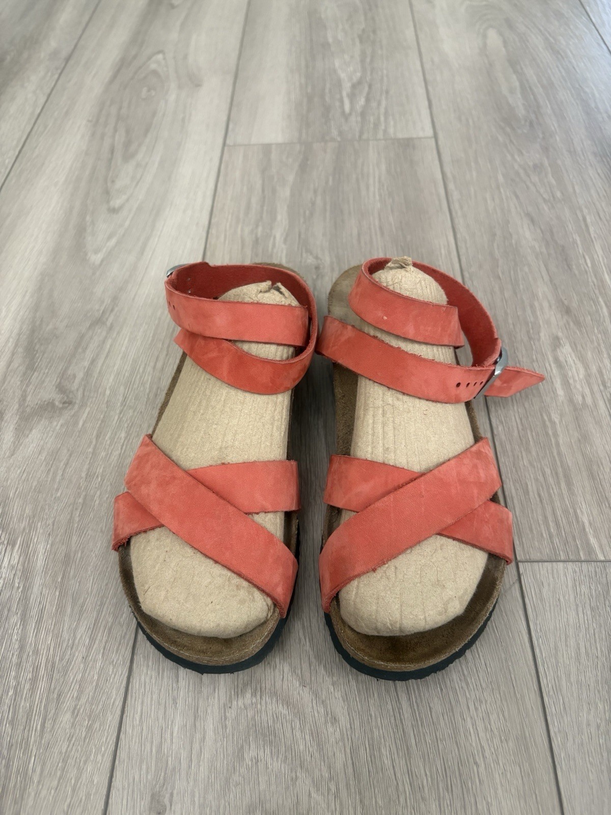 Birkenstock Papillio Women Lola Red Leather Low Wedge Ankle Strap Sandal 38/7,5