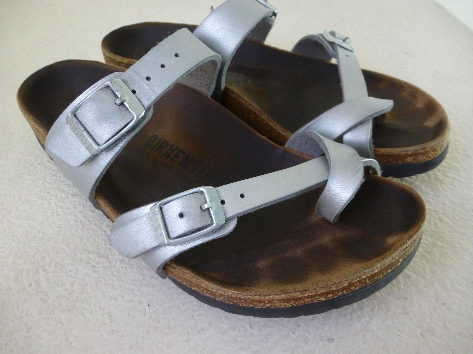 Birkenstock Mayari Sandals Womens 5 EU 36 Silver Toe Loop Cork Adjustable Buckle