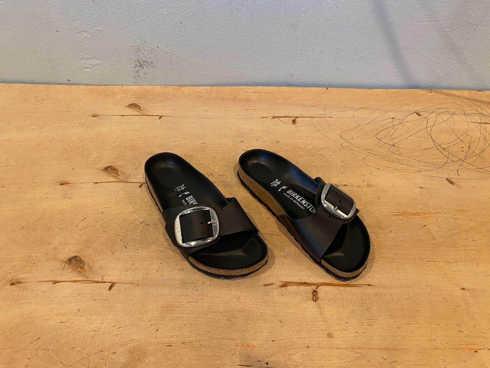 Birkenstock Madrid Big Buckle Slide Sandal , Black Leather , Sz 36 / 5 – 5.5