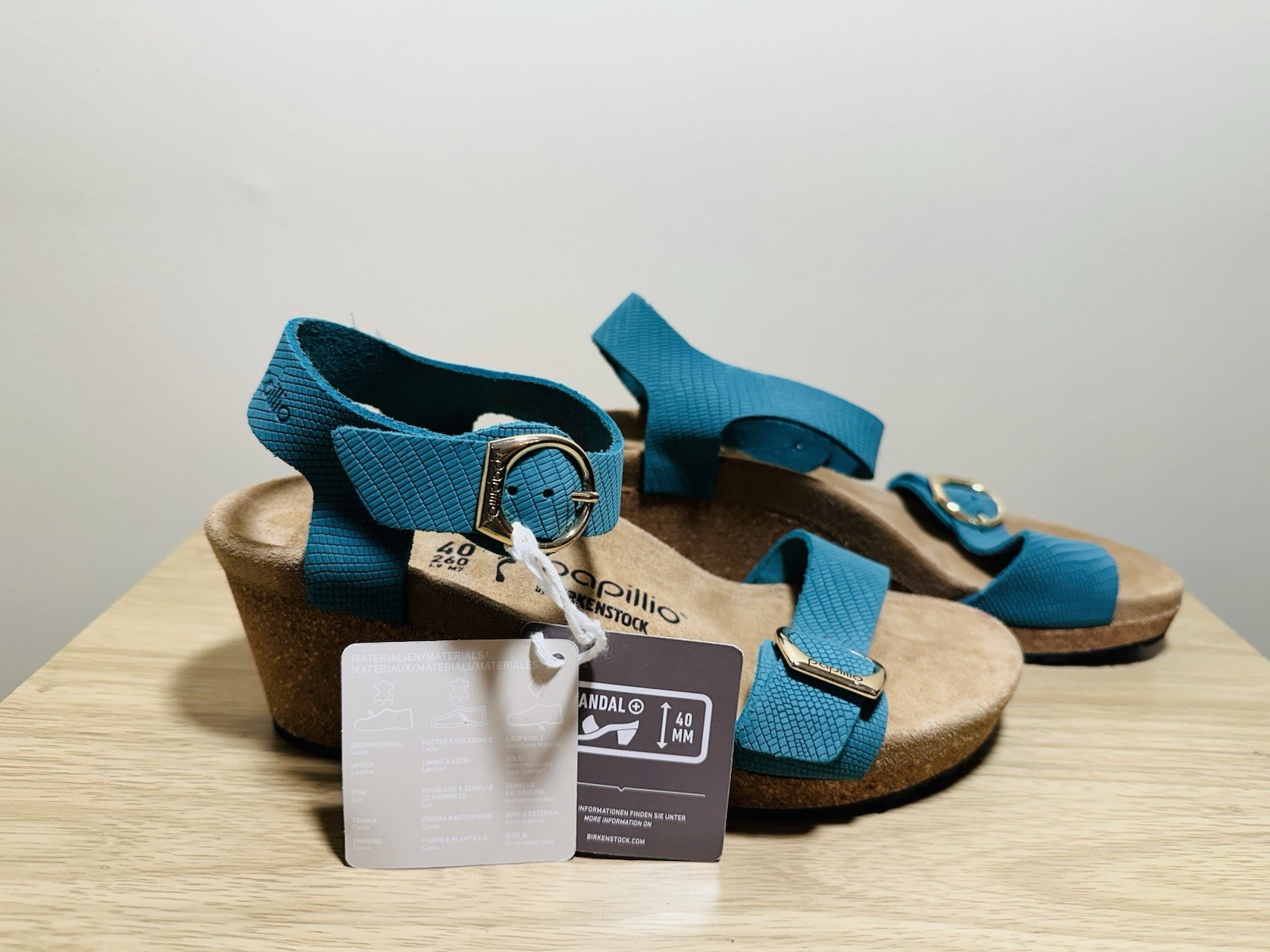 Birkenstock Papillio wedge buckled leather shoes teal green NWOB size 9 (40)