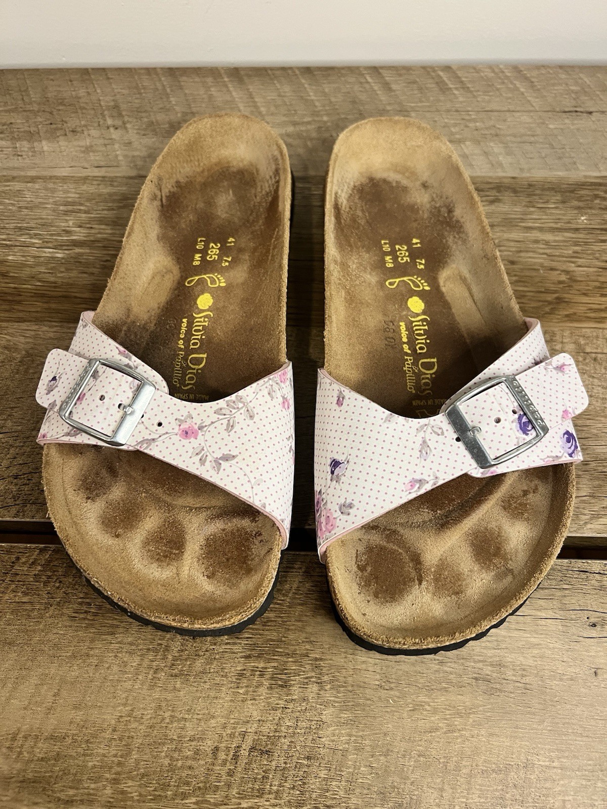 Birkenstock Papillio Madrid Floral Strap Slip On Cork Sandals  Brown/Pink Sz 10