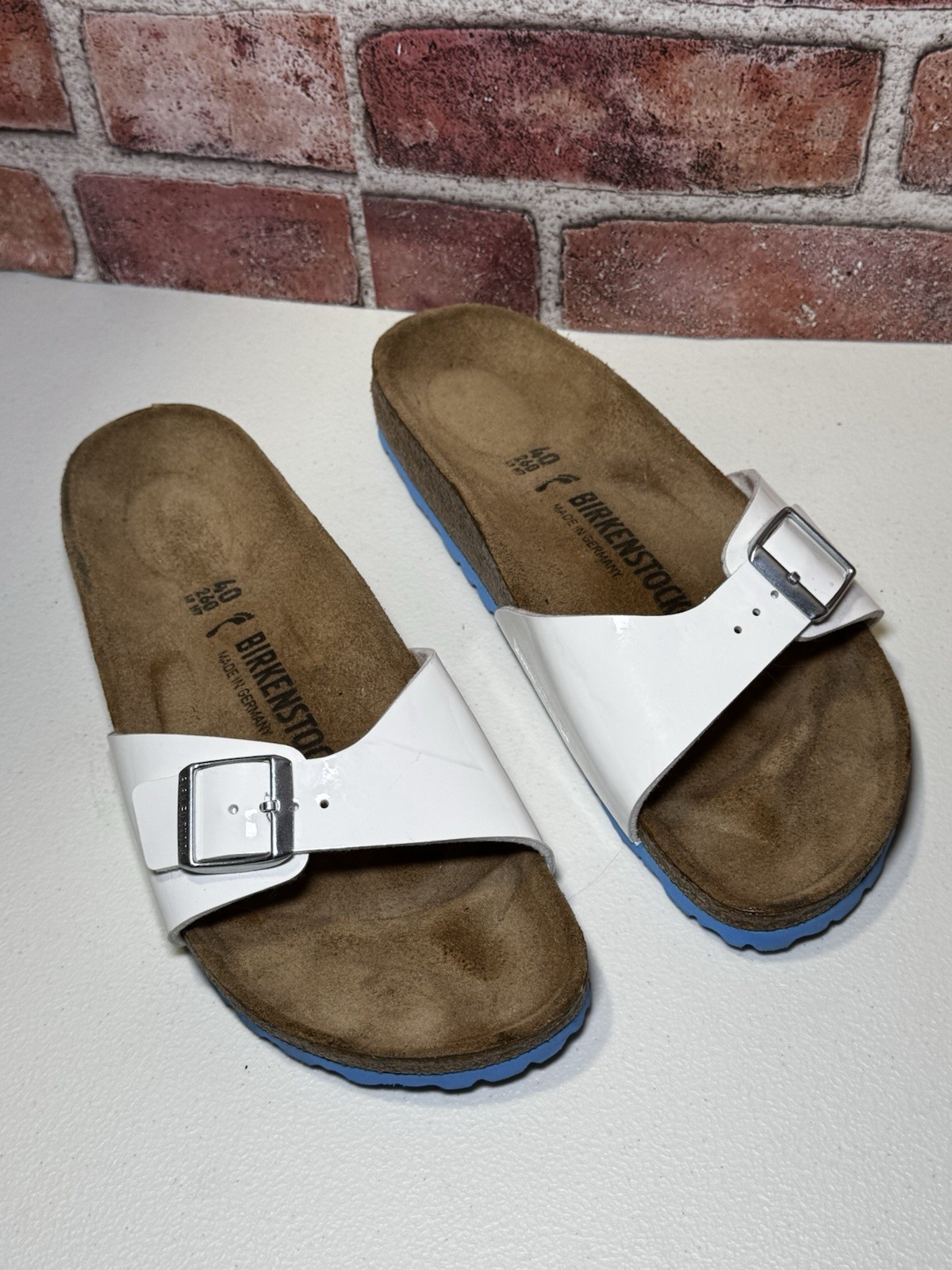 Birkenstock Madrid BS Birko-Flor White Blue Narrow Womens 9 – EU 40
