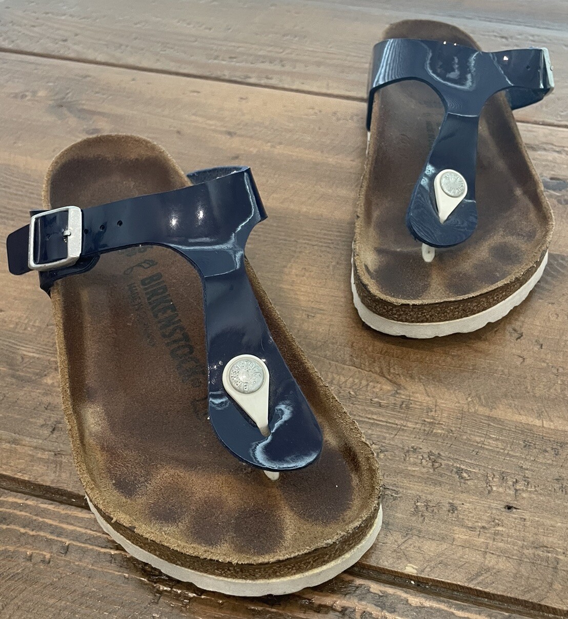 Birkenstock Sandals Gizeh Birko-Flor Blue Patent Women’s Sz 5 US 36 EU