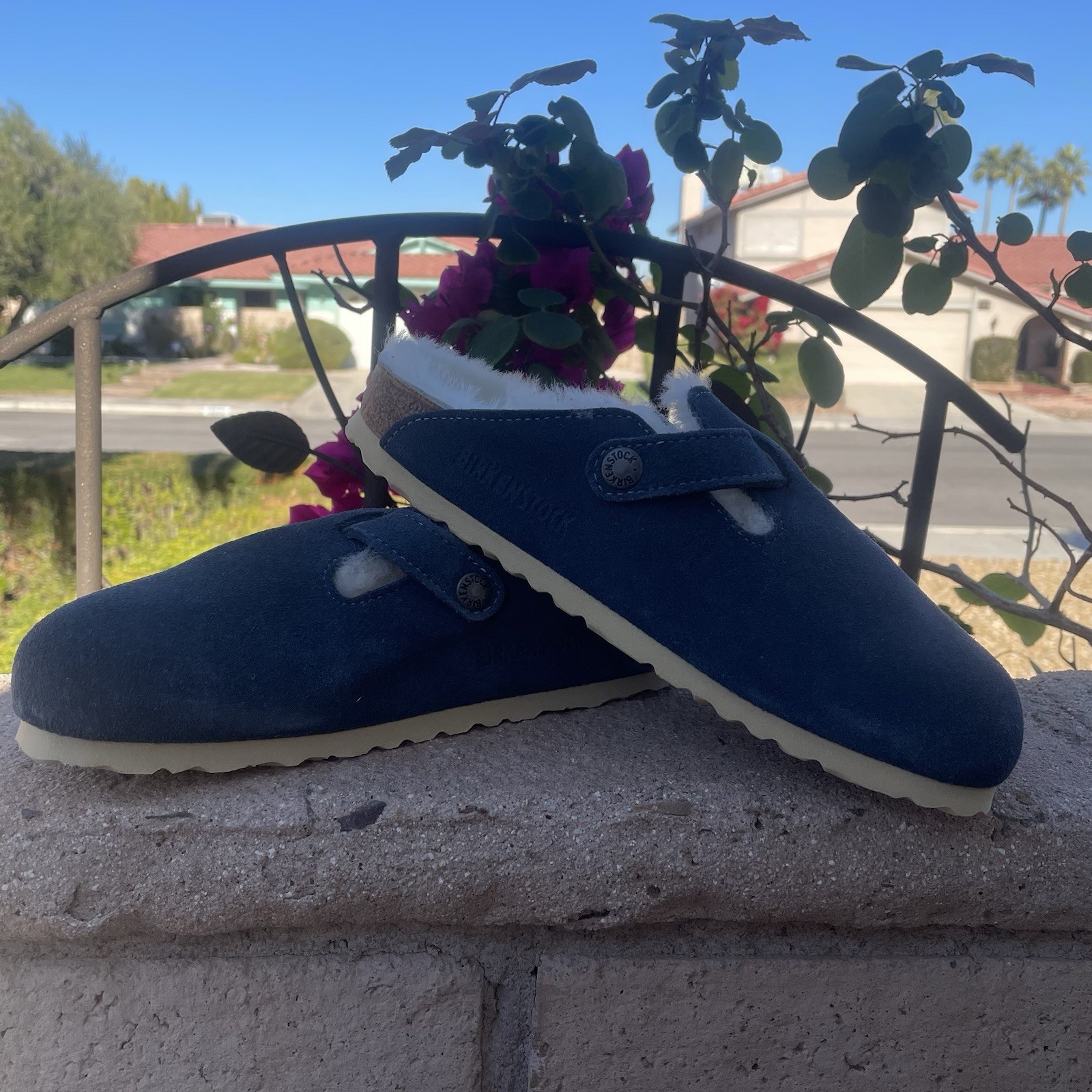 NIB Birkenstock Boston Fur Fell VL BLUE Suede EU36 Regular Fit 259073