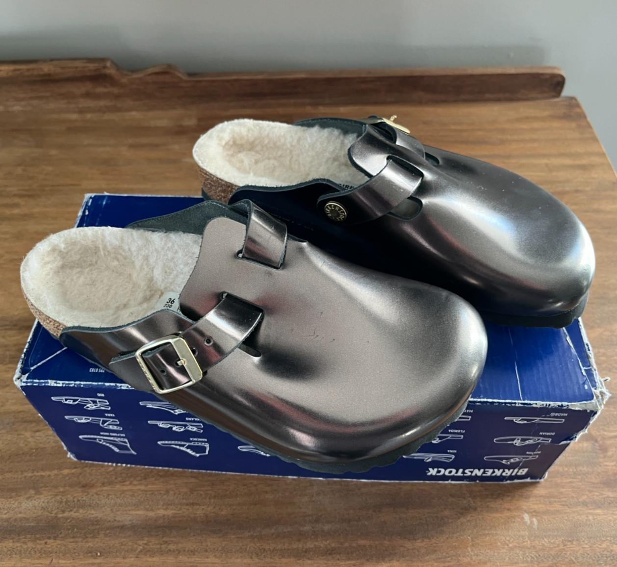 Birkenstock Boston Shearling Metallic Anthracite Reg Width size US5, EU36-NWB