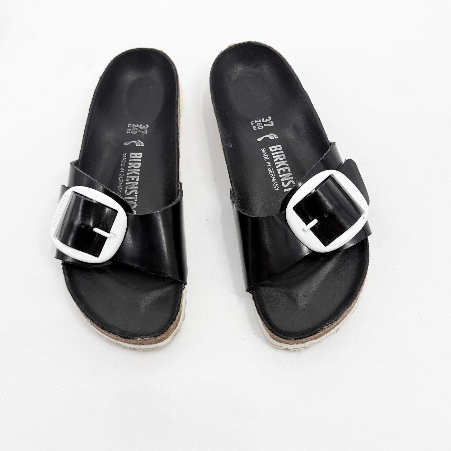 Birkenstock Madrid Big Buckle Black Leather White Sandals Women Size 37 EU 6 US