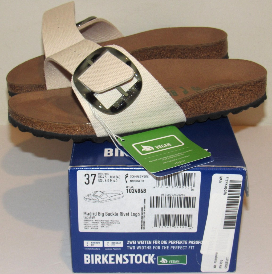 Birkenstock Madrid Big Buckle 37 Womens 6 Eggshell Ivory Rivet Sandals Narow NEW