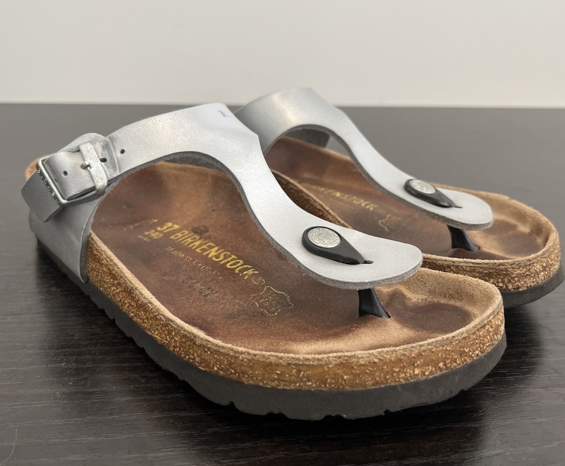 Birkenstock Gizeh Birko Flor Silver Sandals Thongs Leather  Women 37 EU 6-6.5 US