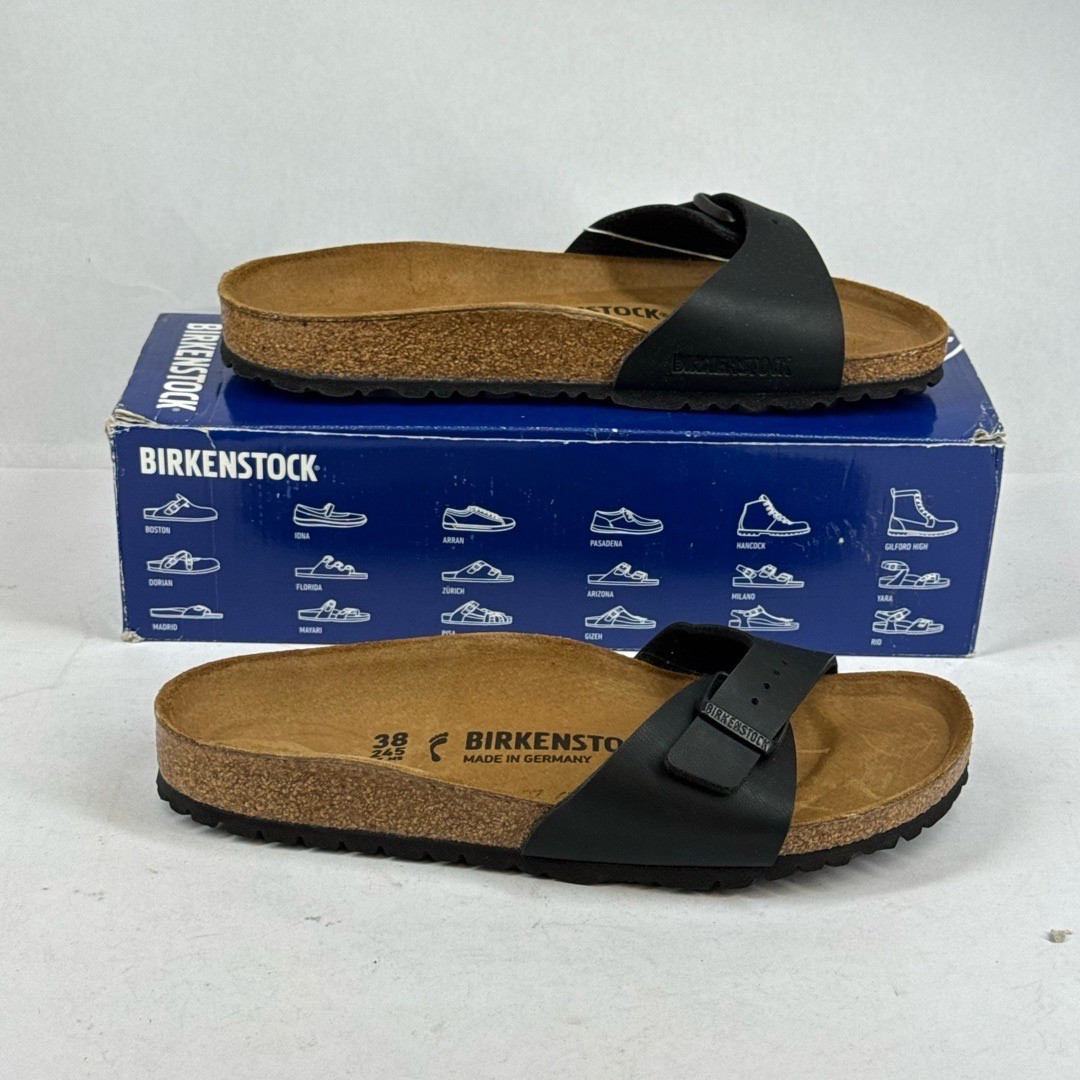 Birkenstock Madrid Sandal Womens Size L7 M5 Black Cork Footbed Slide Leather –