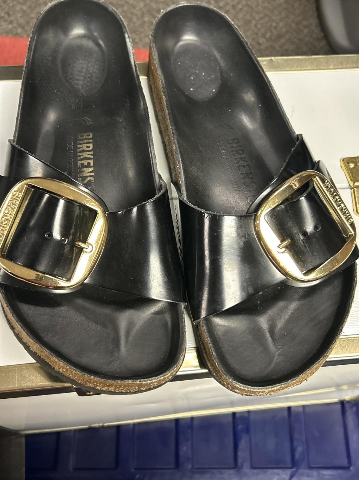 BIRKENSTOCK MADRID BIG BUCKLE SLIDE SANDAL HIGH SHINE BLACK SZ 39/us 8 To 8.5