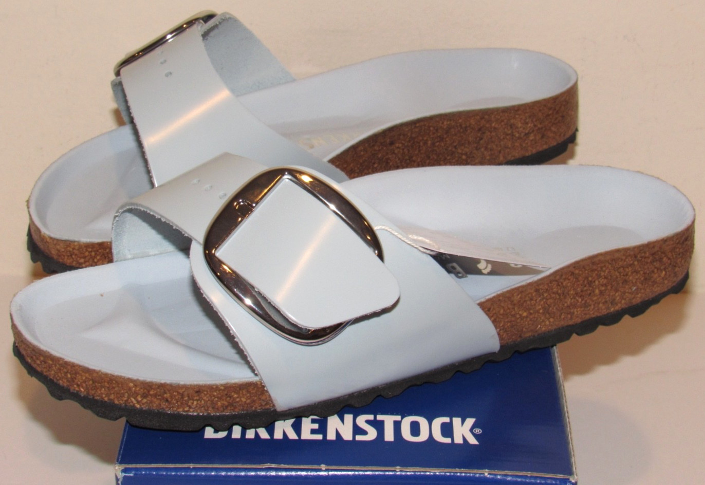 Birkenstock Madrid Big Buckle 38 Womens 7 Baby Blue High Shine Sandals Narow NEW
