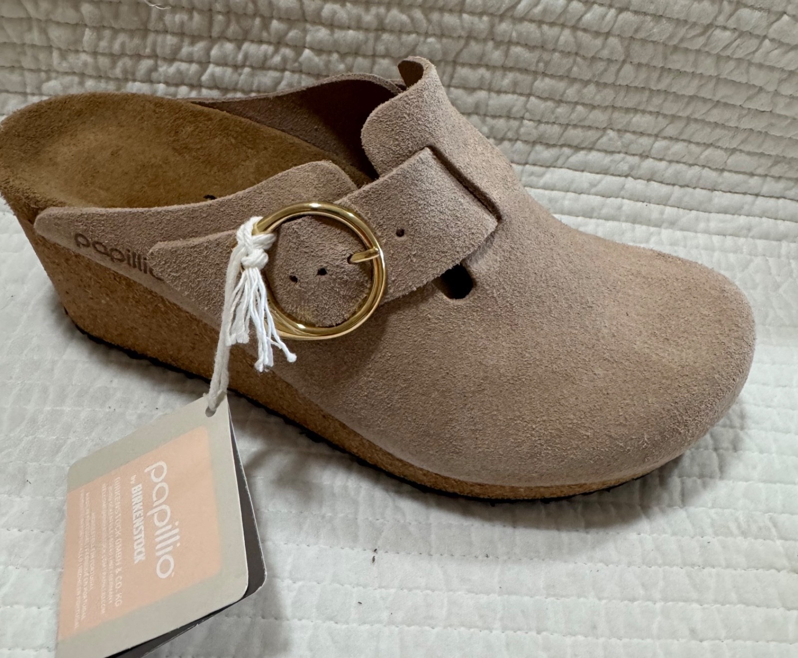 BIRKENSTOCK PAPILLIO FANNY BIG BUCKLE WEDGE SUEDE WARM SAND 39 Ladies 8 Narrow