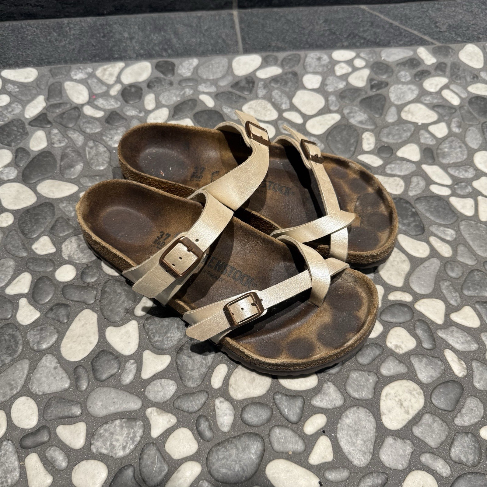 Birkenstock Mayari Gold Leather Birko-Flor Slide Sandals Womens EU 37