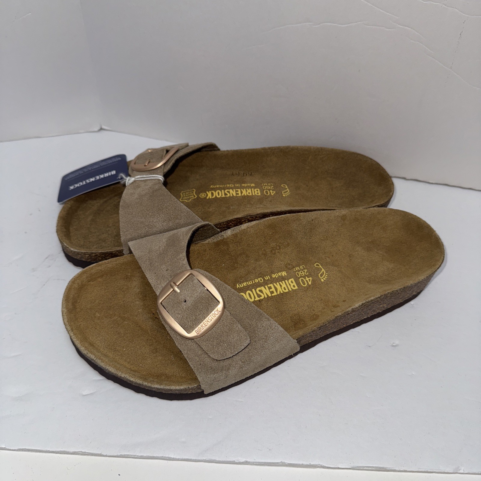 NWT Birkenstock Madrid Big Buckle Nubuck Leather Sandals Beige Brown EU 40