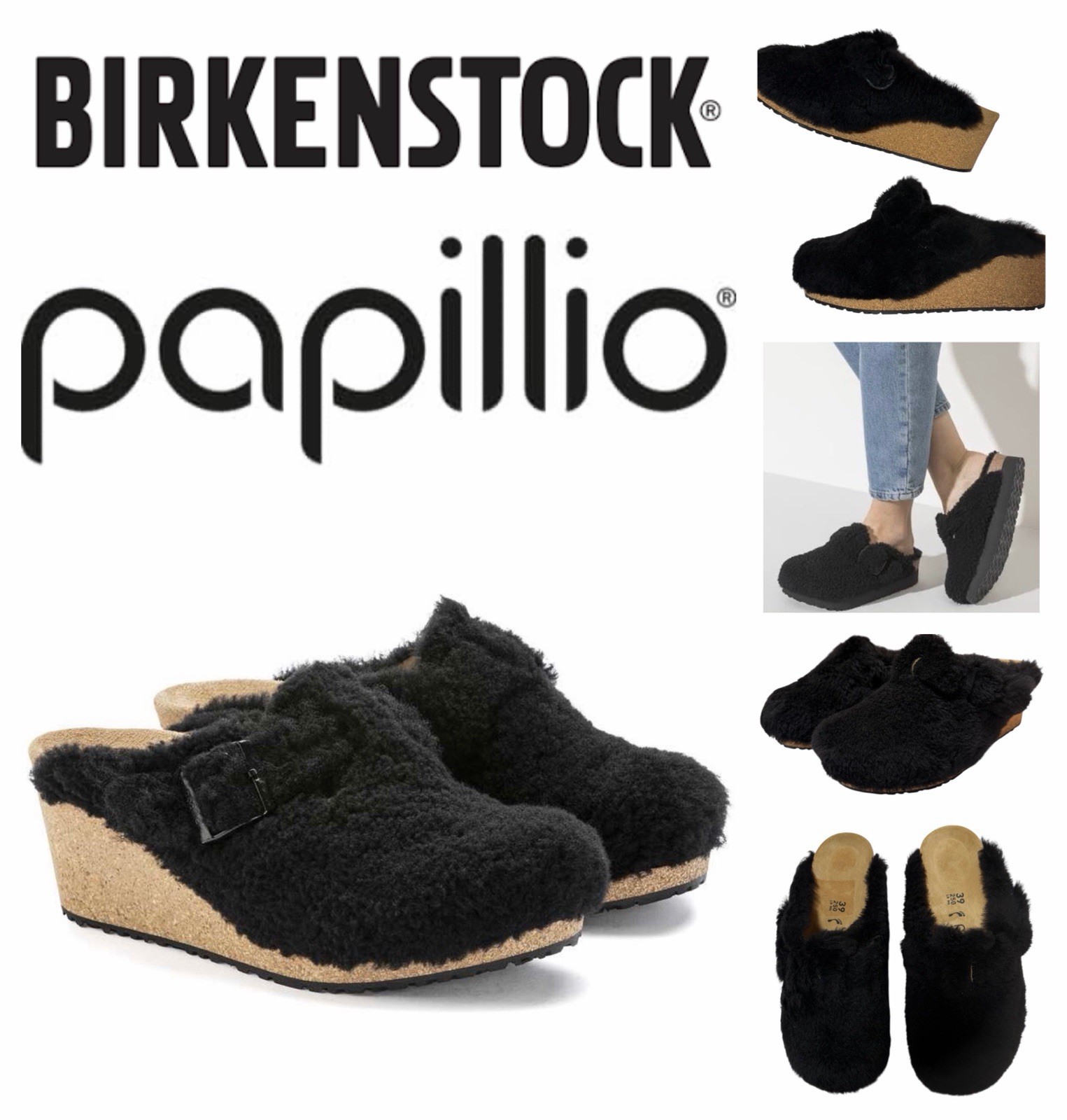 BIRKENSTOCK Papillio Fanny Teddy Clogs Womens Sz 8 EU 39 Black Sherling NEW $190