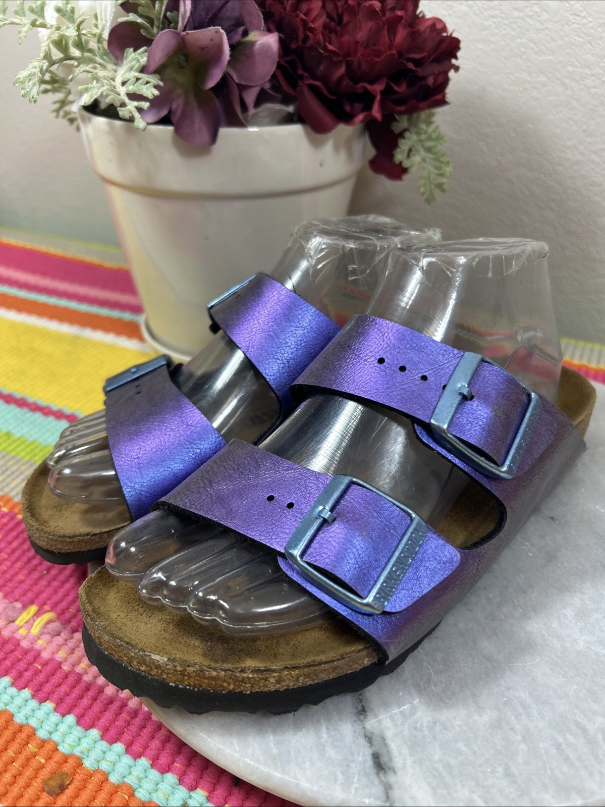 Birkenstock Arizona Metal Purple Leather Buckle Sandals Women’s Size EU 37 US 6