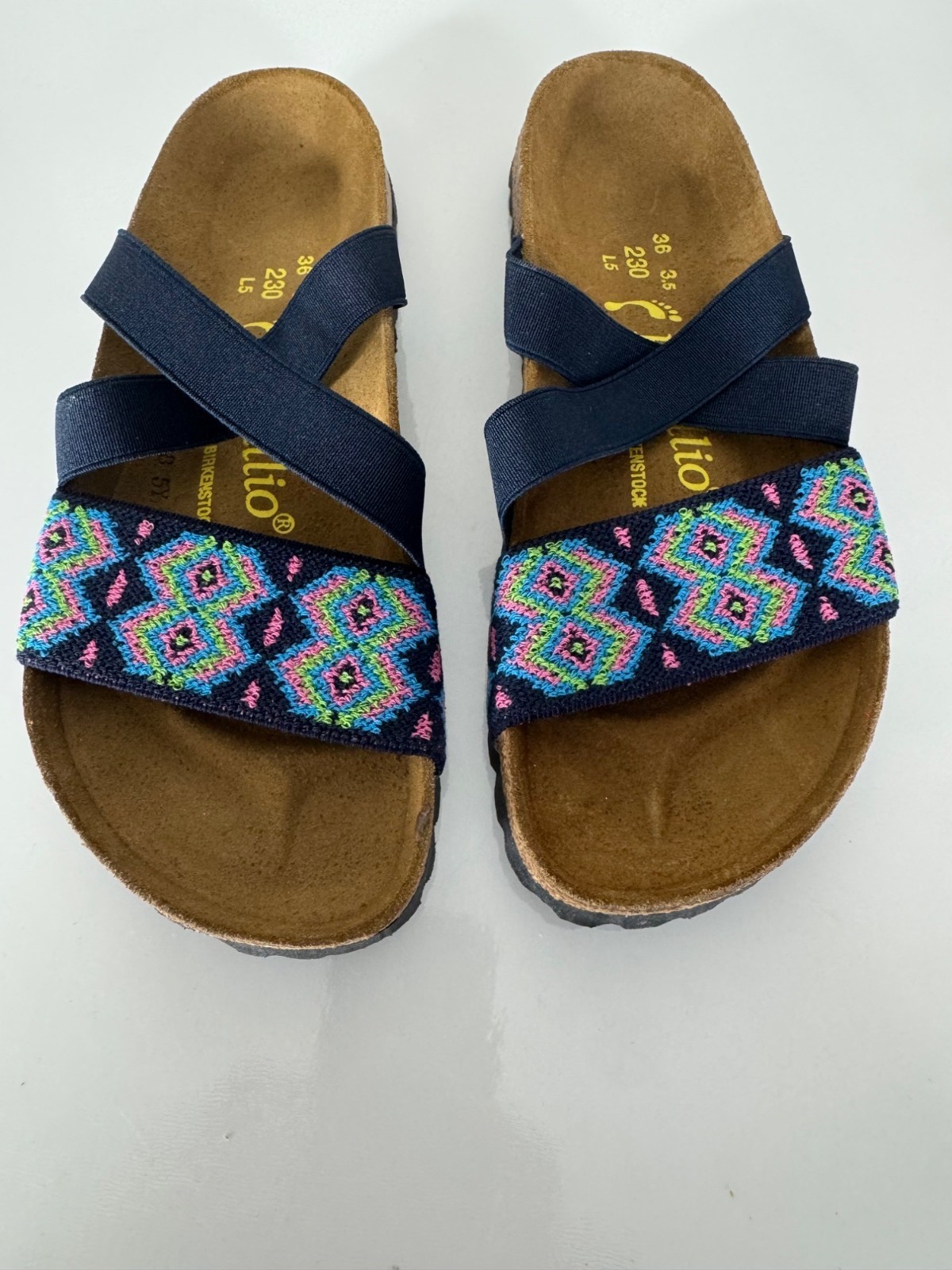 NEW Birkenstock Papillio Aztec Dark Blue Slides Sandals Elastic EU 36 US 5 N