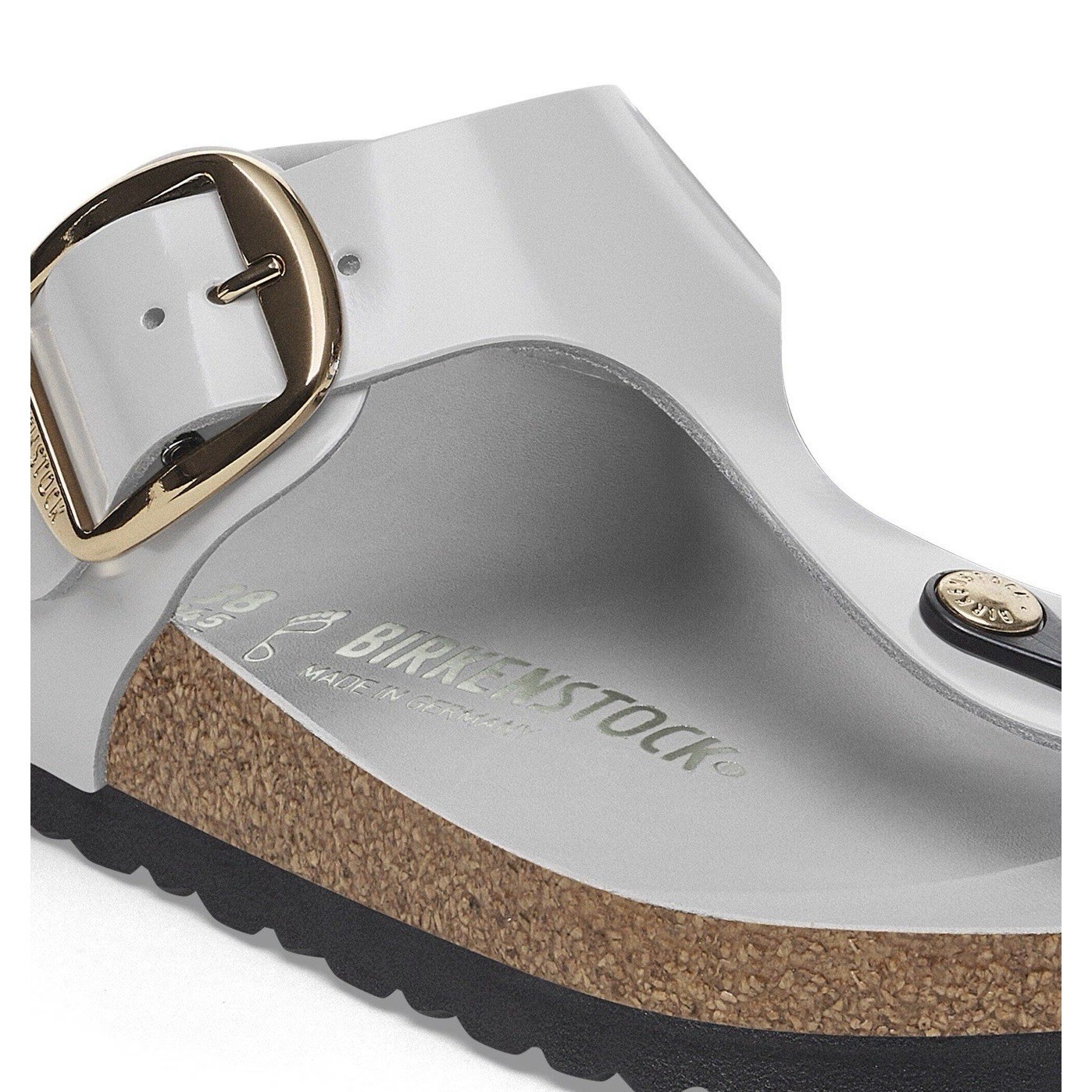 BIRKENSTOCK Gizeh Sandal Hi Shine Leather Stone Coin Gray Big Buckle Size 38 NWT