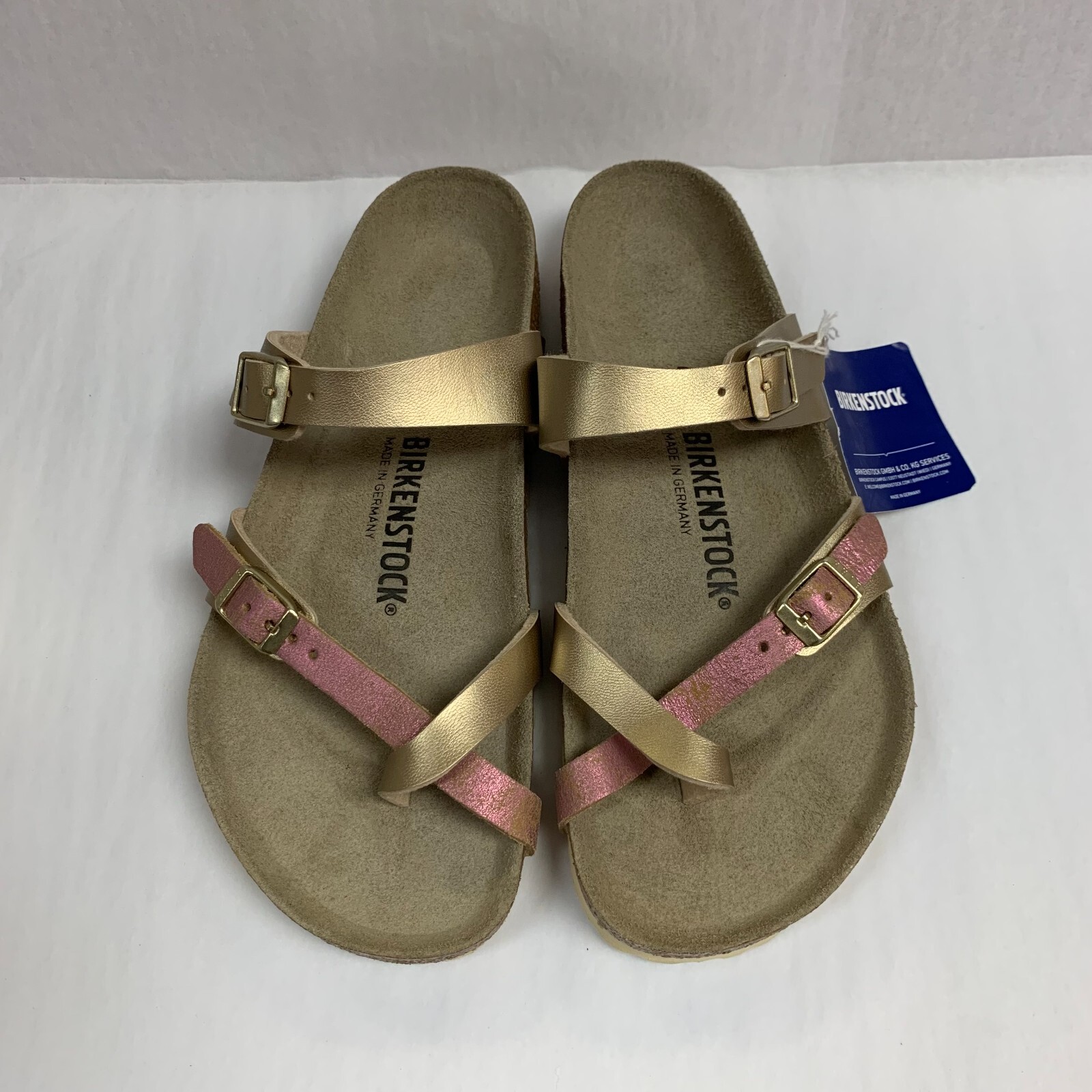 Birkenstock New w/ Box Mayari Two Tone Gold/Rose Birko Flor/Suede Leather Reg