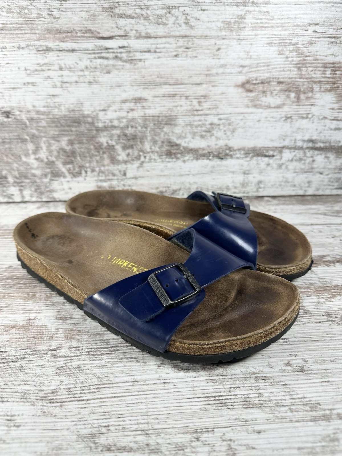 Women’s Birkenstock Madrid Blue Patent Leather Slide Sandals Sz EUR 40/US 9