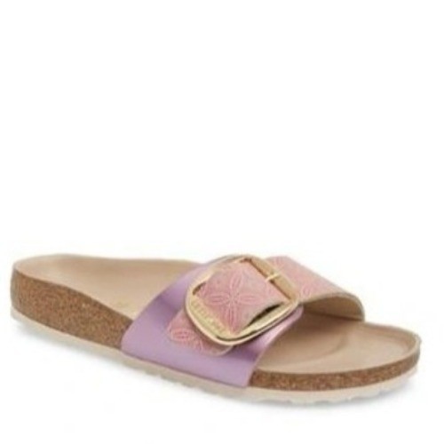 Birkenstock Madrid Gold Big Buckle Sandals 5 36 Pink Print Single Strap Slide