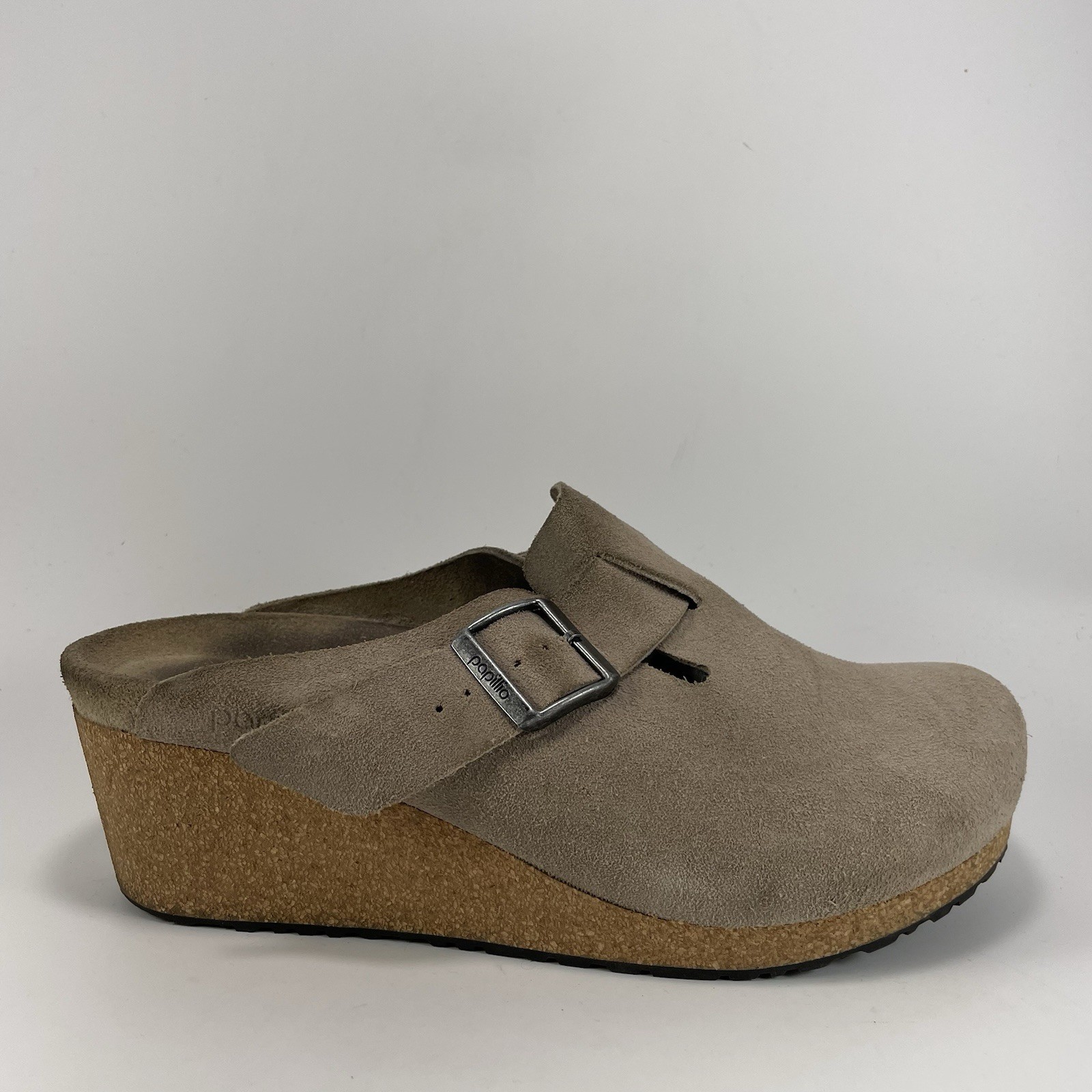 Birkenstock Papillio Fanny Suede Wedge Clog Womens 42, US 11-11.5 Narrow Taupe