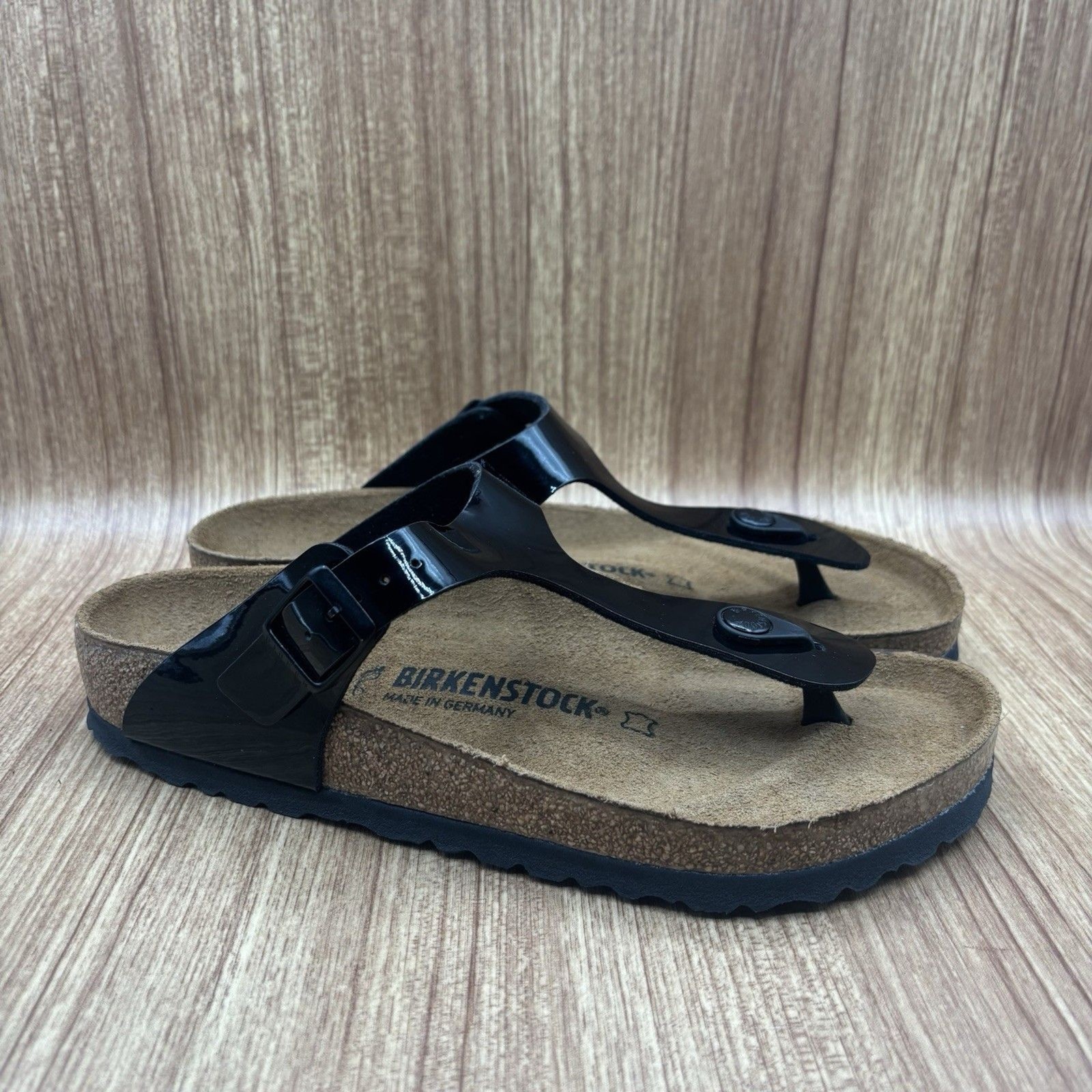 Birkenstock Gizeh Patent Black Birko Flor Patent Women EU 39 Size 8 New Reg Fit